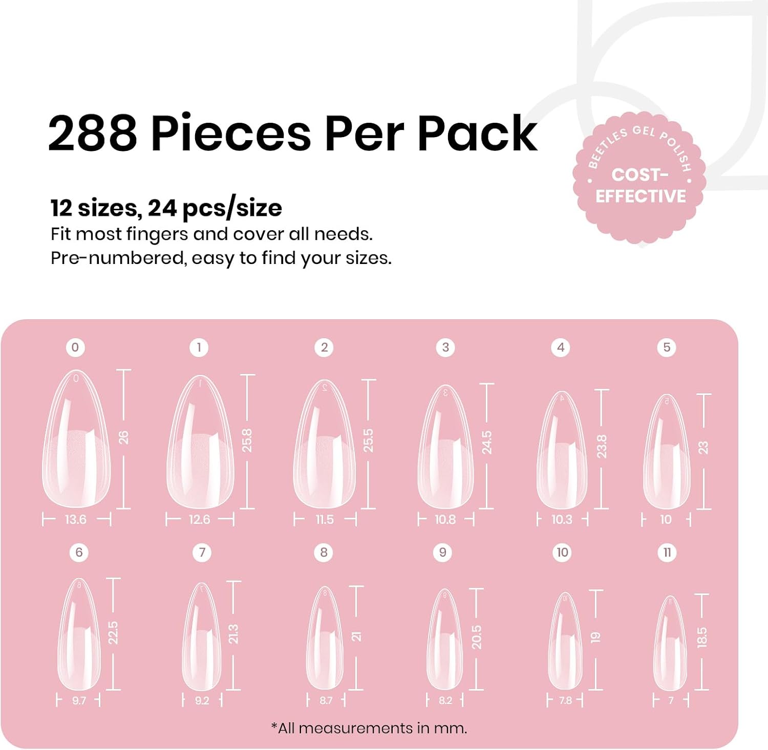 Detalle de Beetles kunstnagels medium amandel, 288 stuks in 12 maten, semi-mat