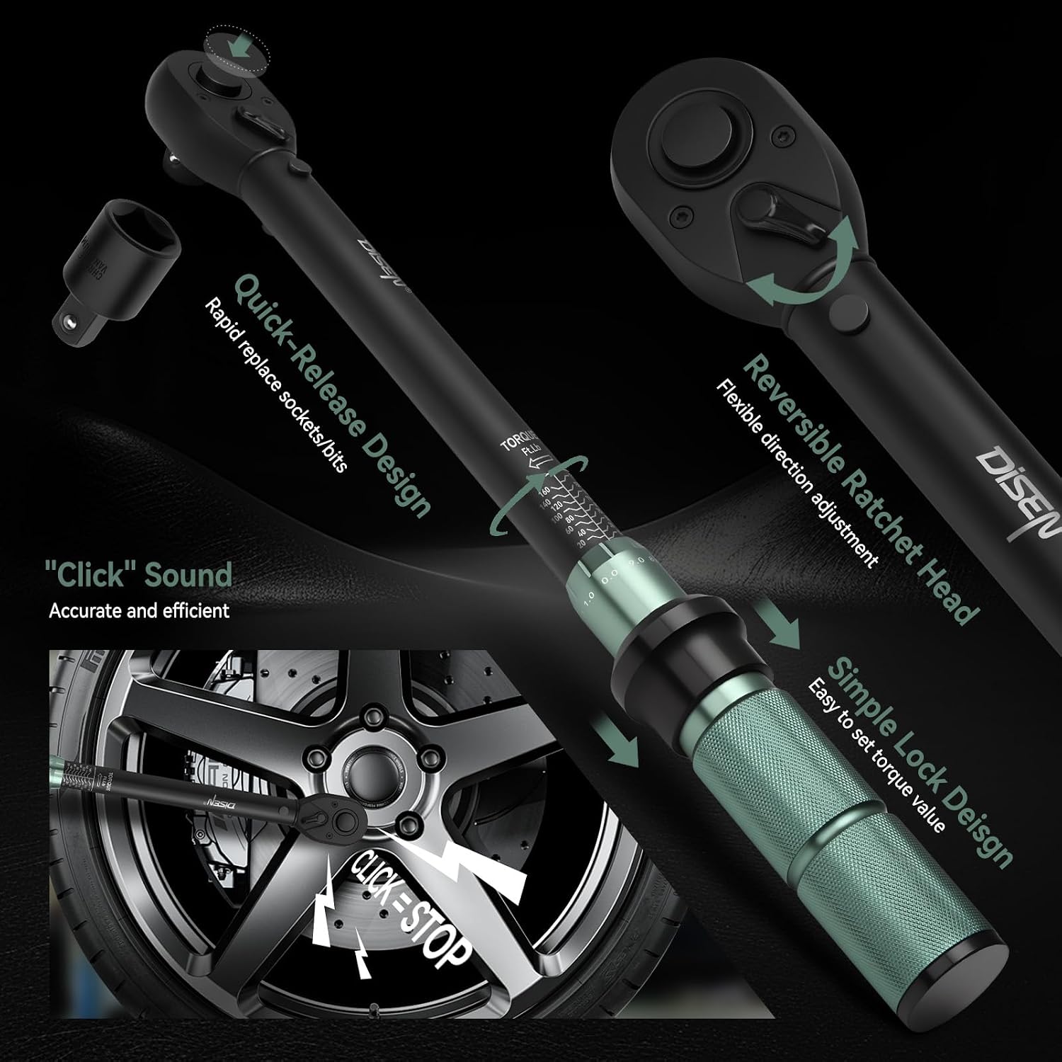 Detalle de DISEN 9PC Click Torque Wrench Set, 1/4", 3/8" and 1/2" Drives, ±3% Accuracy