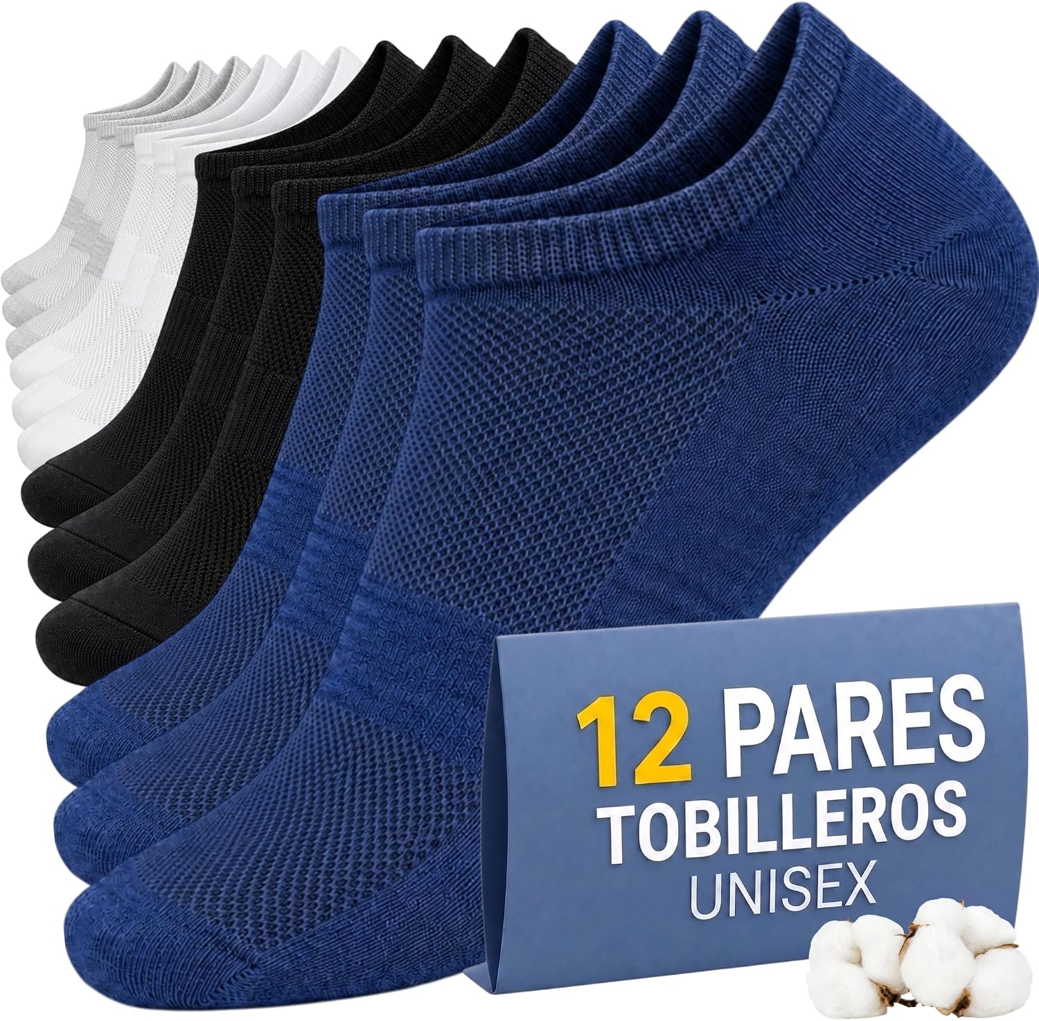 Detalle 2 de PS PROUTHS 12 Pares | Calcetines tobilleros hombre y mujer | 90% algodón | Regular 40-46