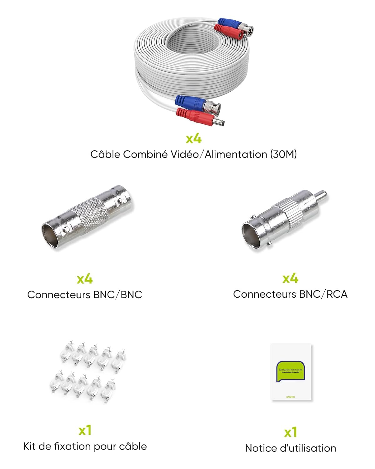 Detalle 2 de Câble vidéo et alimentation DC SANNCE 30 m / 90 ft Tout-en-un pour CCTV – 4 pièces (Blanc)
