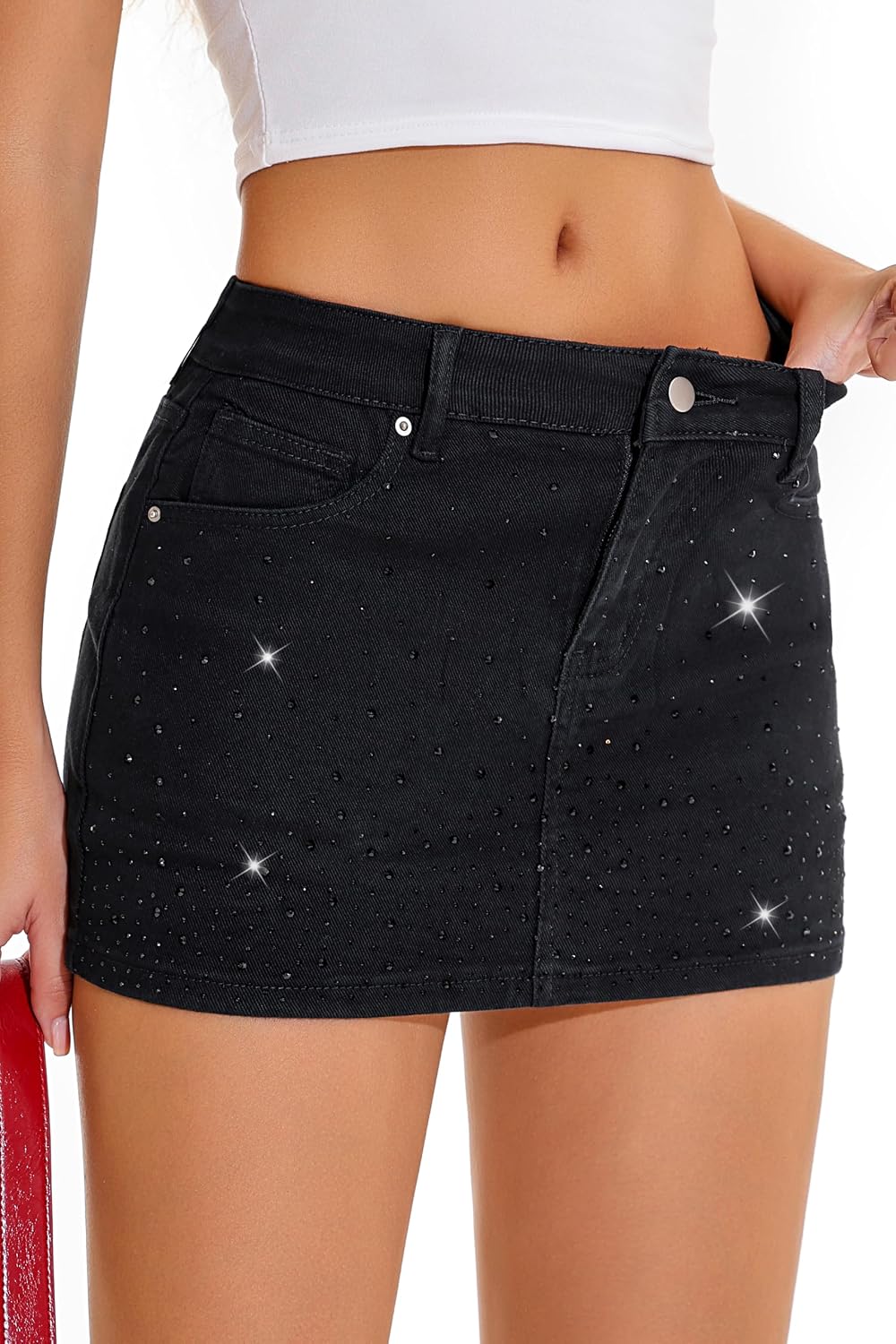 Detalle de GUANYY Rhinestone Denim Skort, Low-Waisted Micro Mini with Built-In Shorts