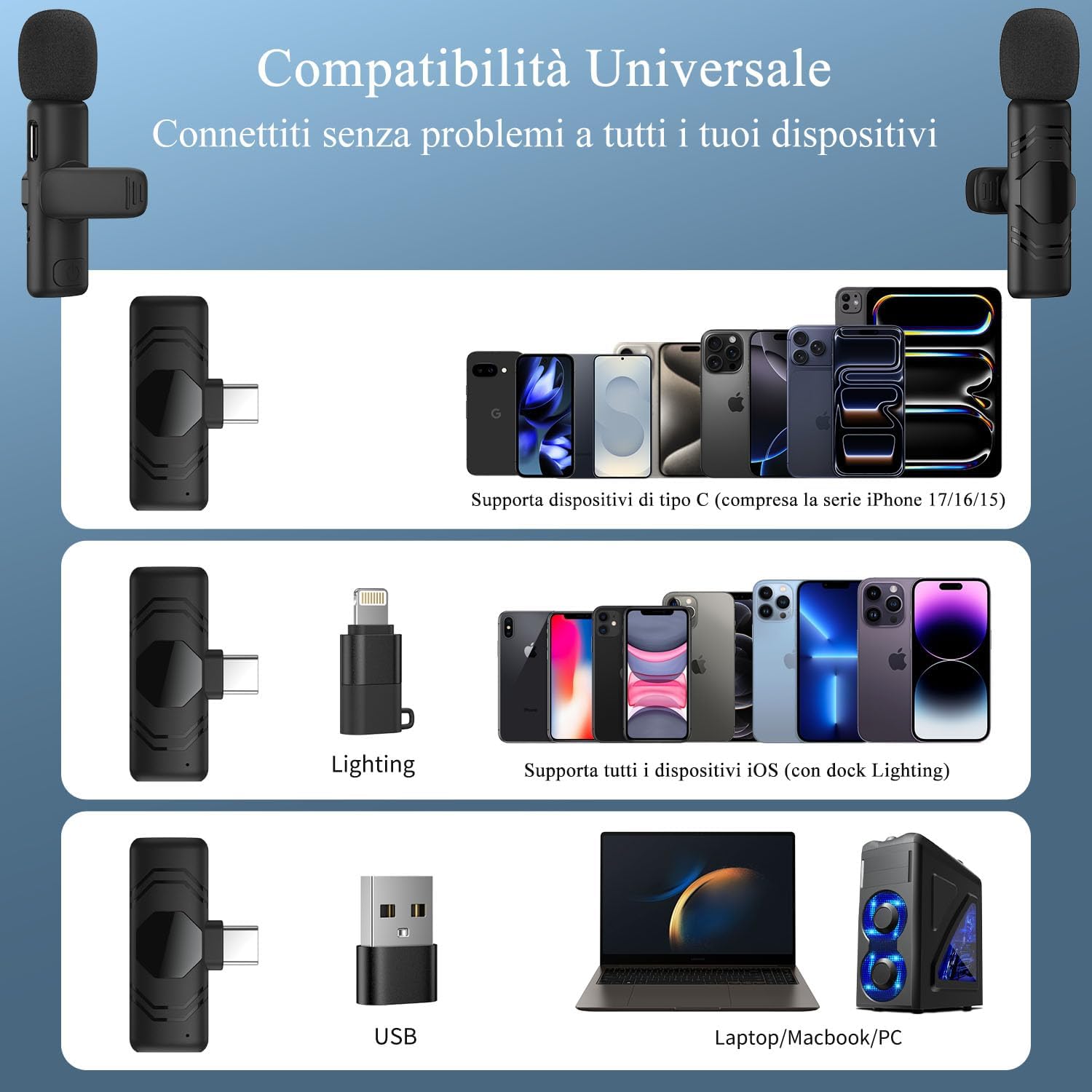 Thumbnail 4 de Microfono Lavalier Wireless 2 pezzi per smartphone e tablet