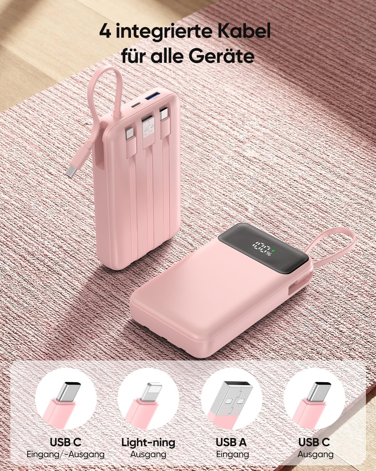 Detalle 2 de A ADDTOP 20000mAh Power Bank – Ultra kompakt mit 4 integrierten Kabeln und 22,5W Schnellladen, Rosa