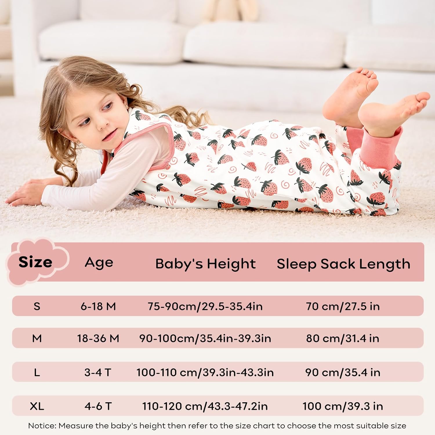 Detalle 2 de Unnivoll Baby Schlafsack mit Füßen 2,5 Tog – Baumwoll-Schlafsack für Wintersaison, 70 cm, Erdbeere
