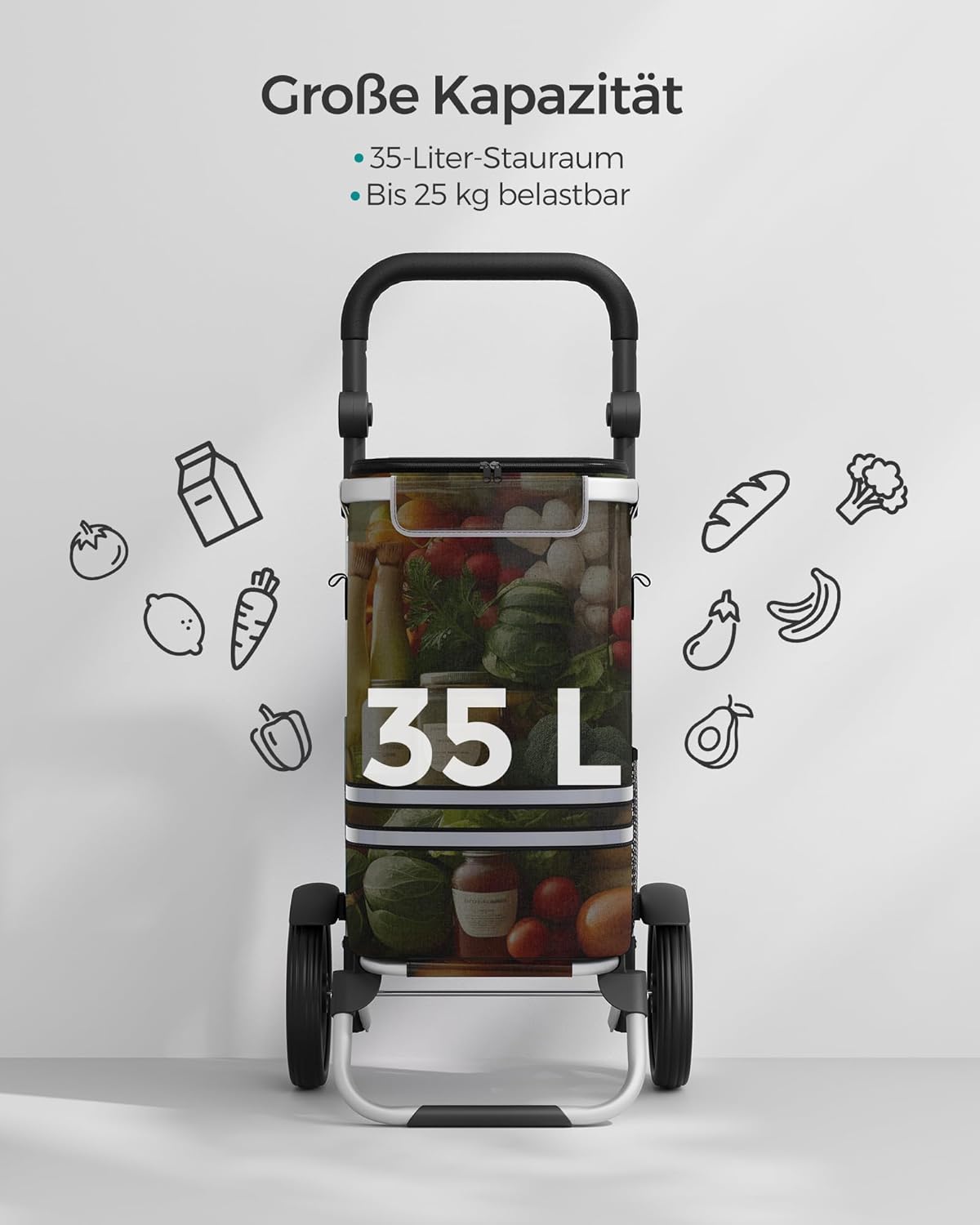 Detalle 2 de SONGMICS Einkaufstrolley KST03BK – Großer 35-Liter Trolley mit Kühlfach, abnehmbarer Tasche, klappbar