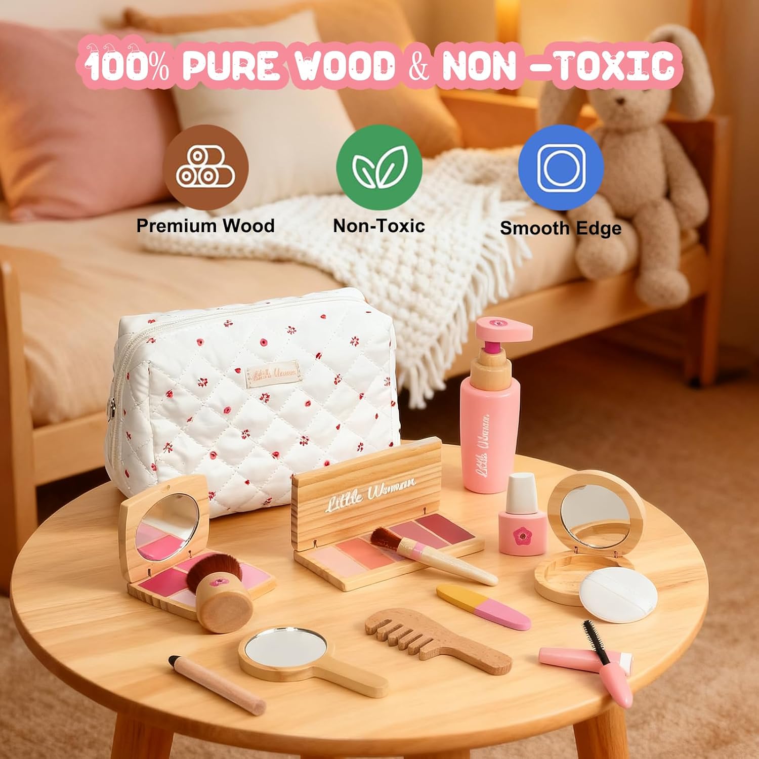 Detalle de Wooden Pretend Makeup Kit for Toddlers — Non-Toxic, Mess-Free Play Set for 1–3 Year Old Girls