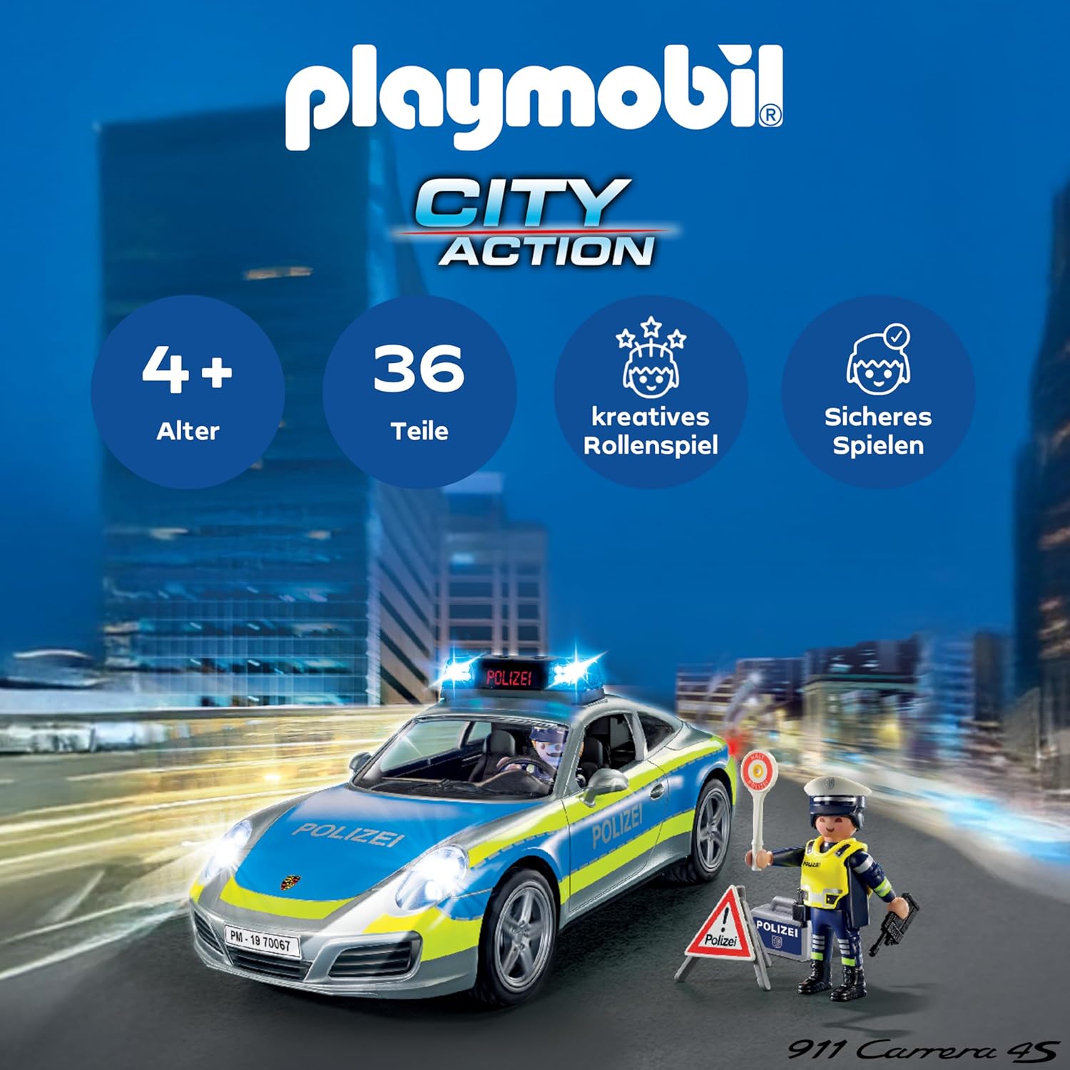 Detalle de PLAYMOBIL Cars Porsche 911 Carrera 4S Polizei mit Licht, Sound und Dach-Abnahme – 70067