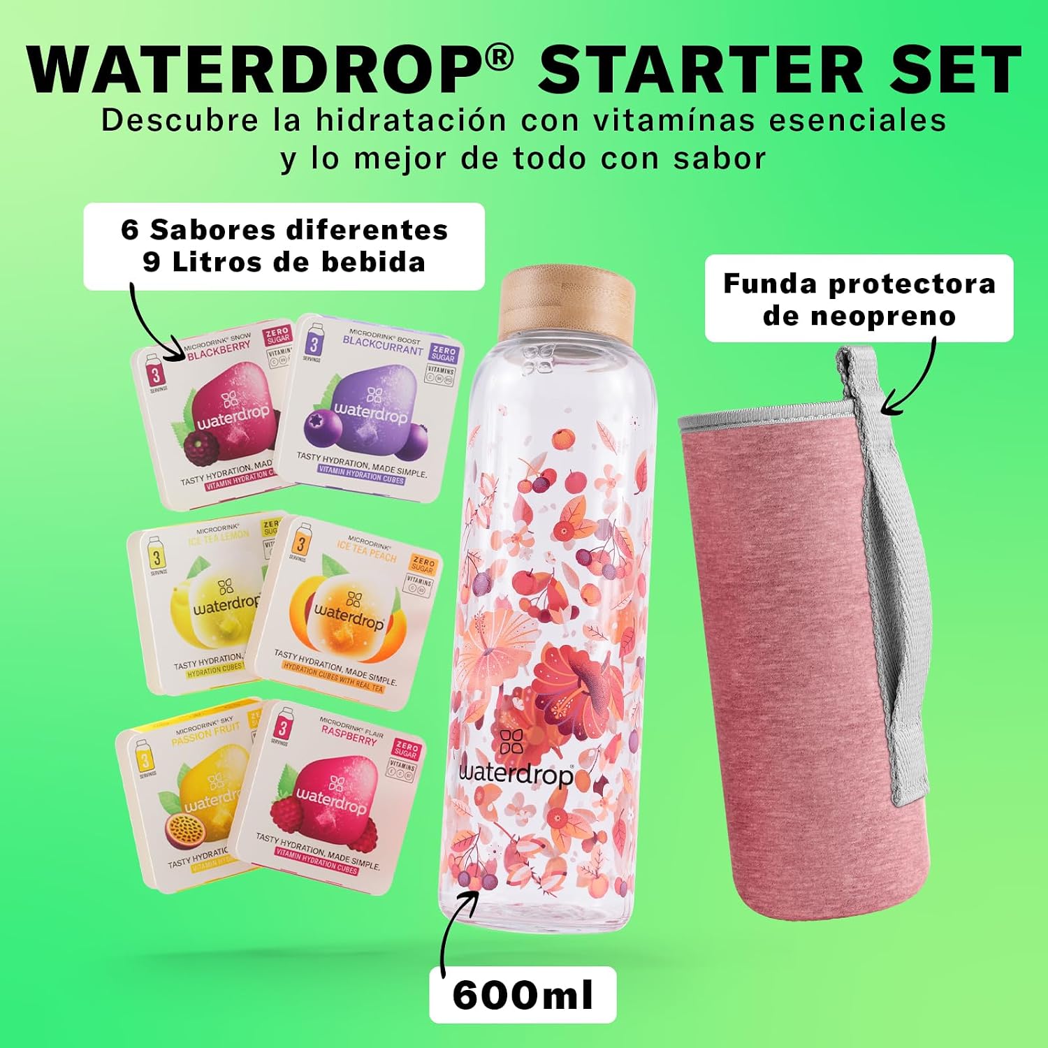 Detalle 2 de waterdrop® Starter Set 🌿 Botella 600ml + 18 Cubos Aromatizados