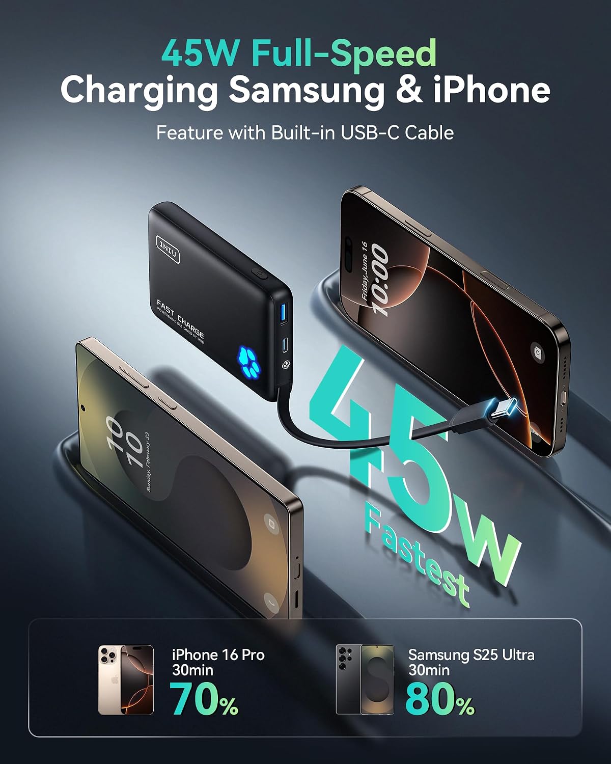 Detalle 2 de INIU P41L Slim 10000mAh Power Bank, 45W USB-C Fast Charging