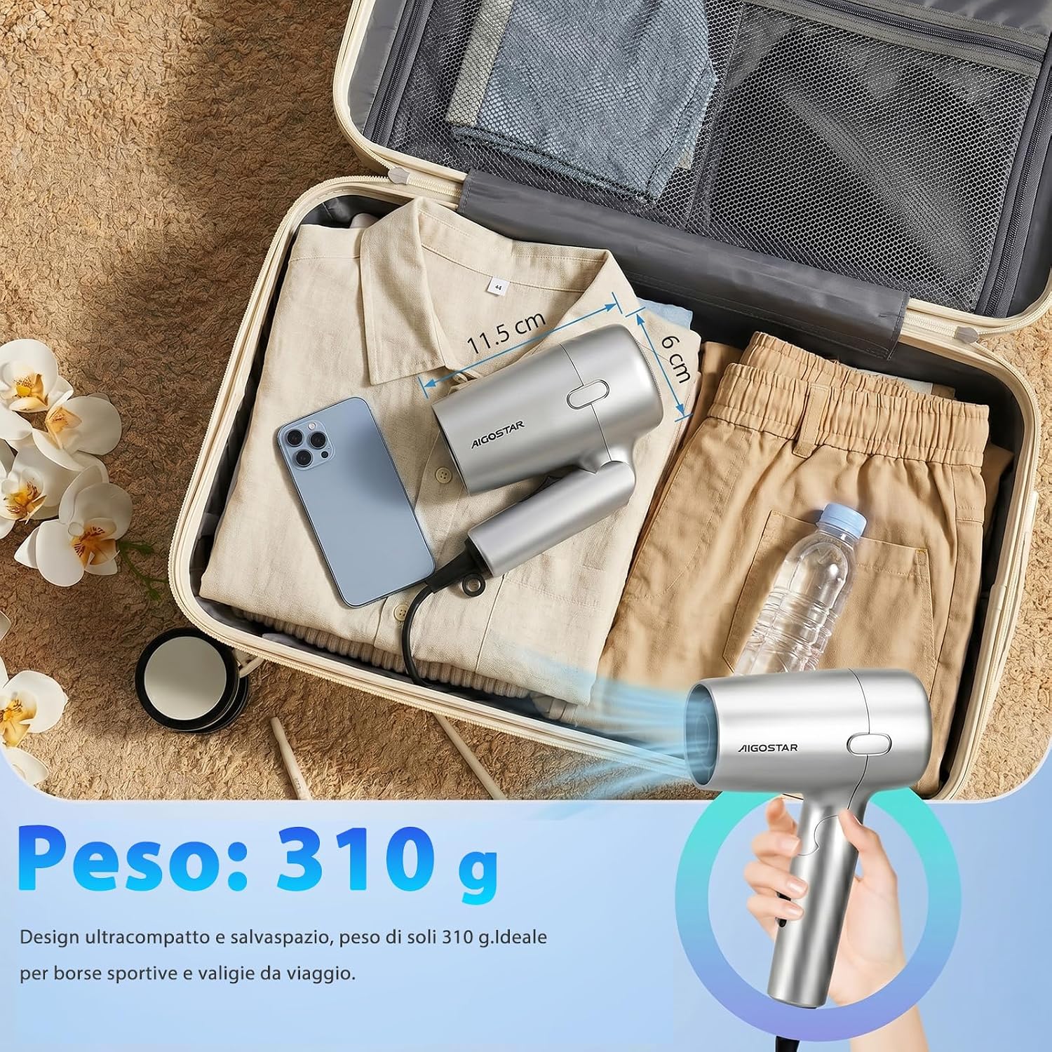 Detalle 2 de Aigostar Asciugacapelli da Viaggio Pieghevole 1200W – Grigio Argento, 310 g