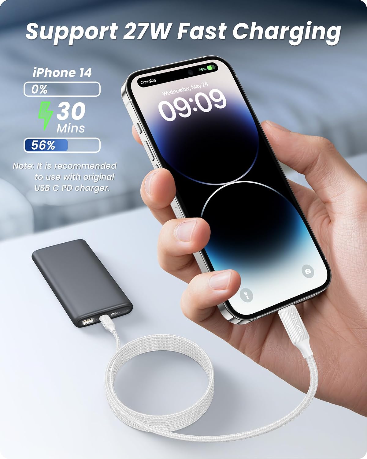 Detalle 2 de RAVIAD Cavo USB-C a Lightning da 3 m con certificazione MFi (nylon), ricarica rapida e sincronizzazione