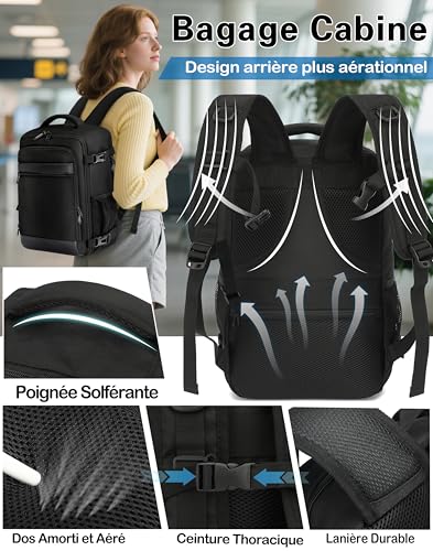 Thumbnail 4 de KLOSTAIN Sac à Dos Cabine Voyage 40x20x25 cm – 20 L, 14" ordinateur, Noir