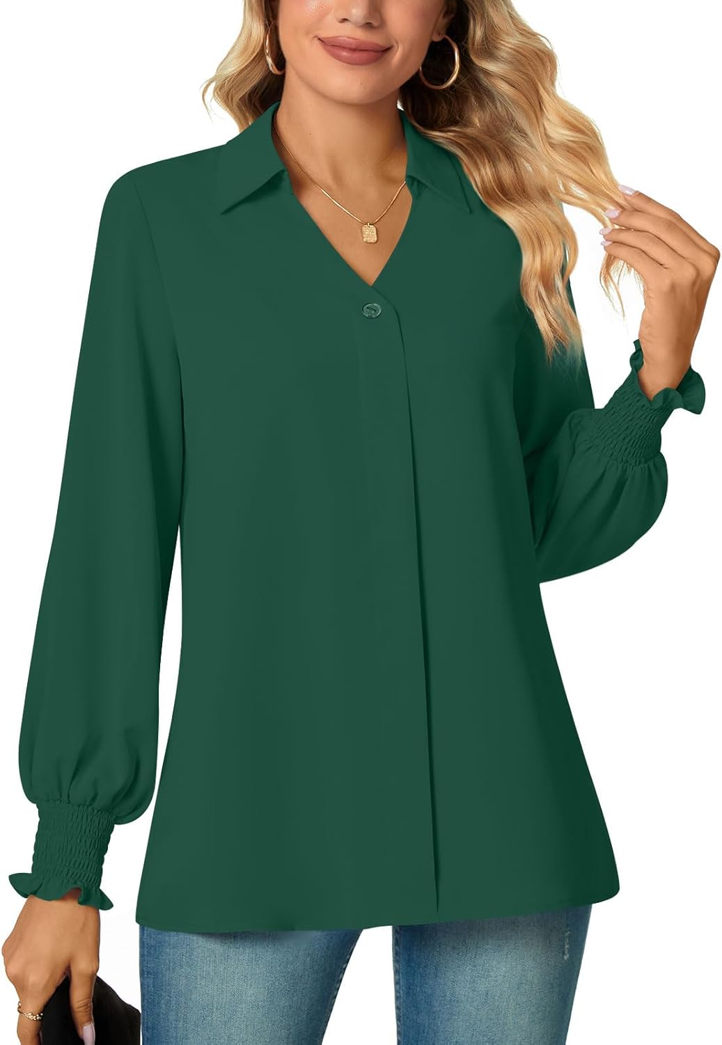 Detalle 2 de Aodemo Women's Summer Collared V Neck Chiffon Blouse Dressy Business Tunic