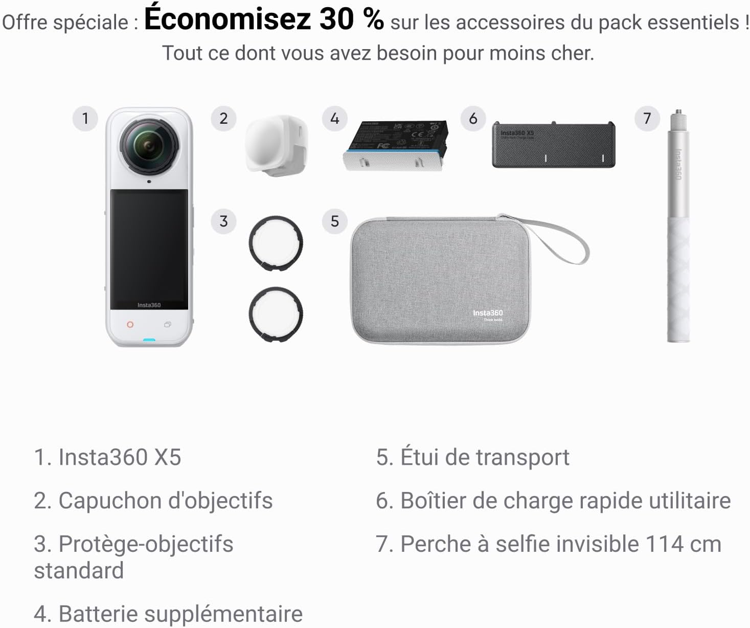 Detalle de Insta360 X5 Pack Essentiels Blanc satiné — caméra 360° 8K étanche avec perche invisible et audio amélioré