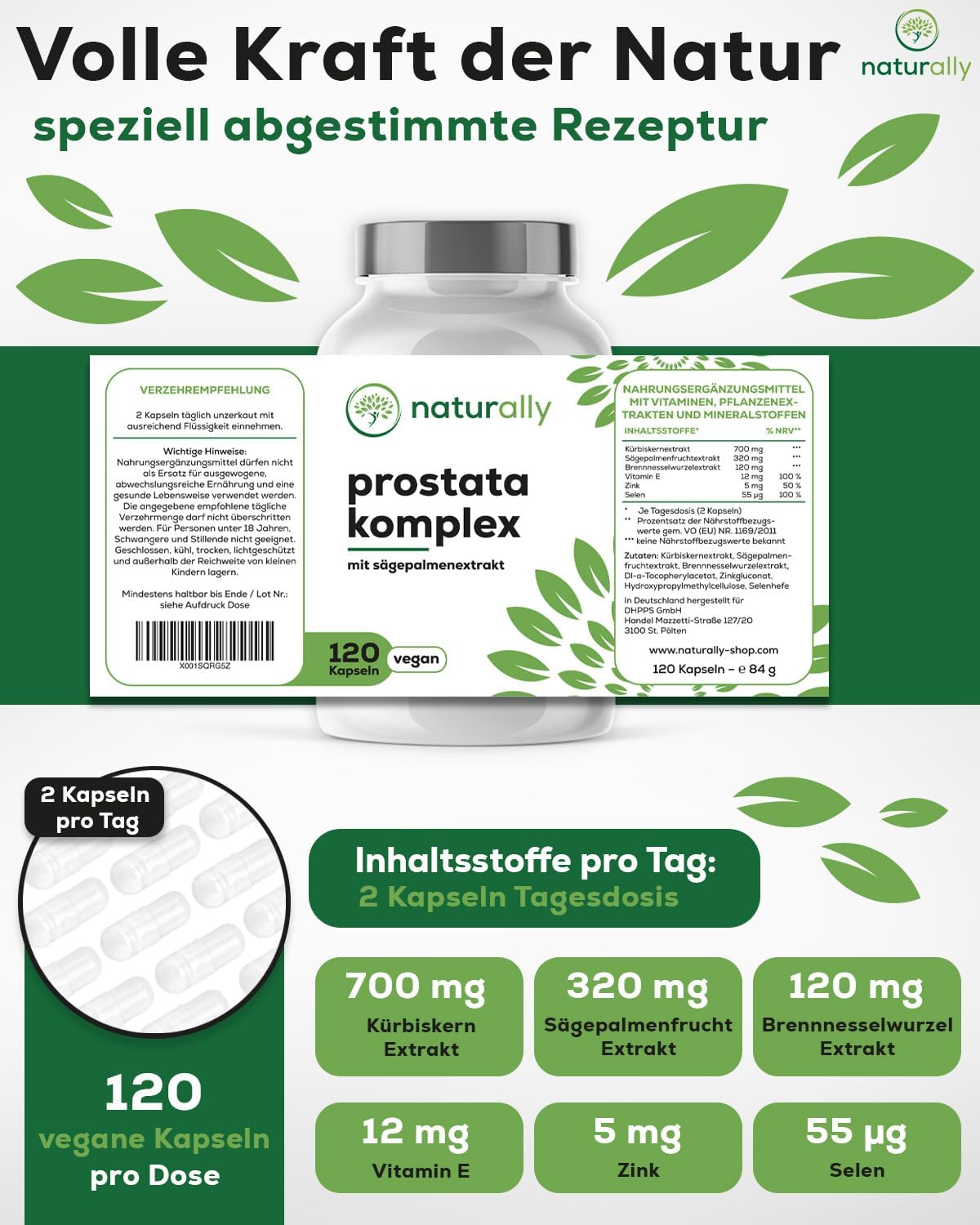 Detalle de Naturally Prostata Komplex Kapseln hochdosiert (120 Stück) – Prostata-Gesundheit mit Kürbiskern, Sägepalme, Brennnessel, Vitamin E, Zink und Selen