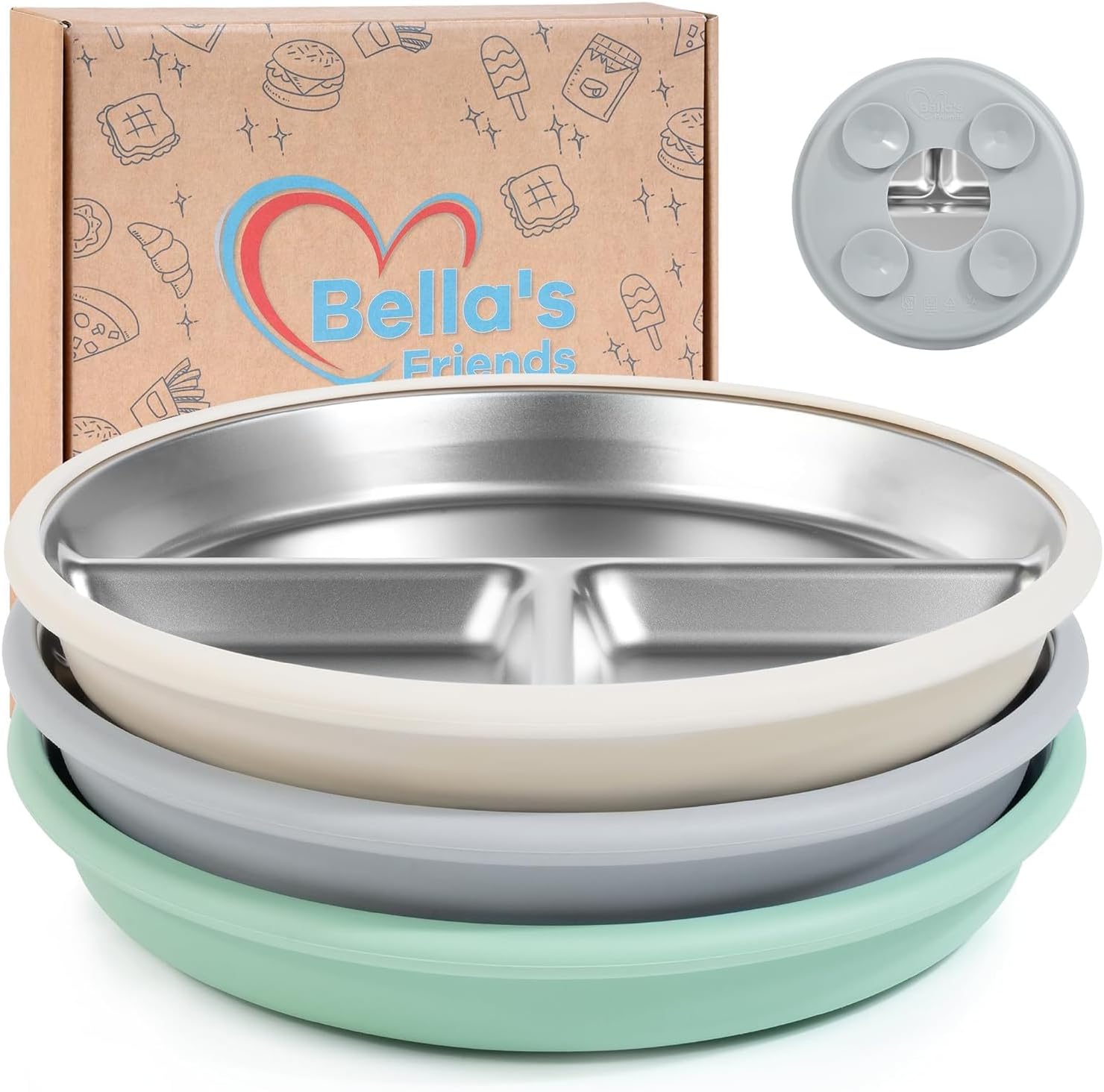 Detalle de Bella's Friends Life TB08 8-Inch Divided Stainless Steel Baby Plates, 3-Pack