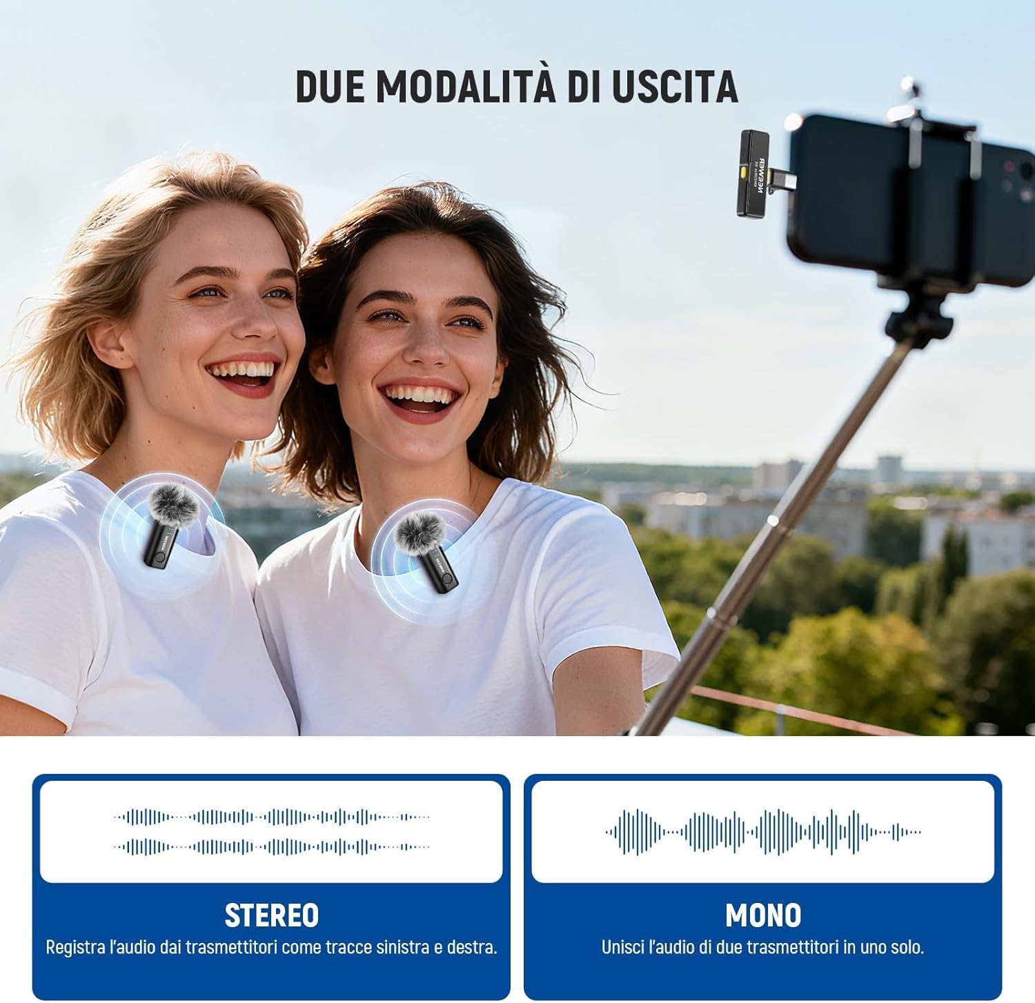 Detalle de NEEWER KM23Max: microfono lavalier wireless con 1 RX + 2 TX, omnidirezionale 48 kHz/24 bit e anti-rumore