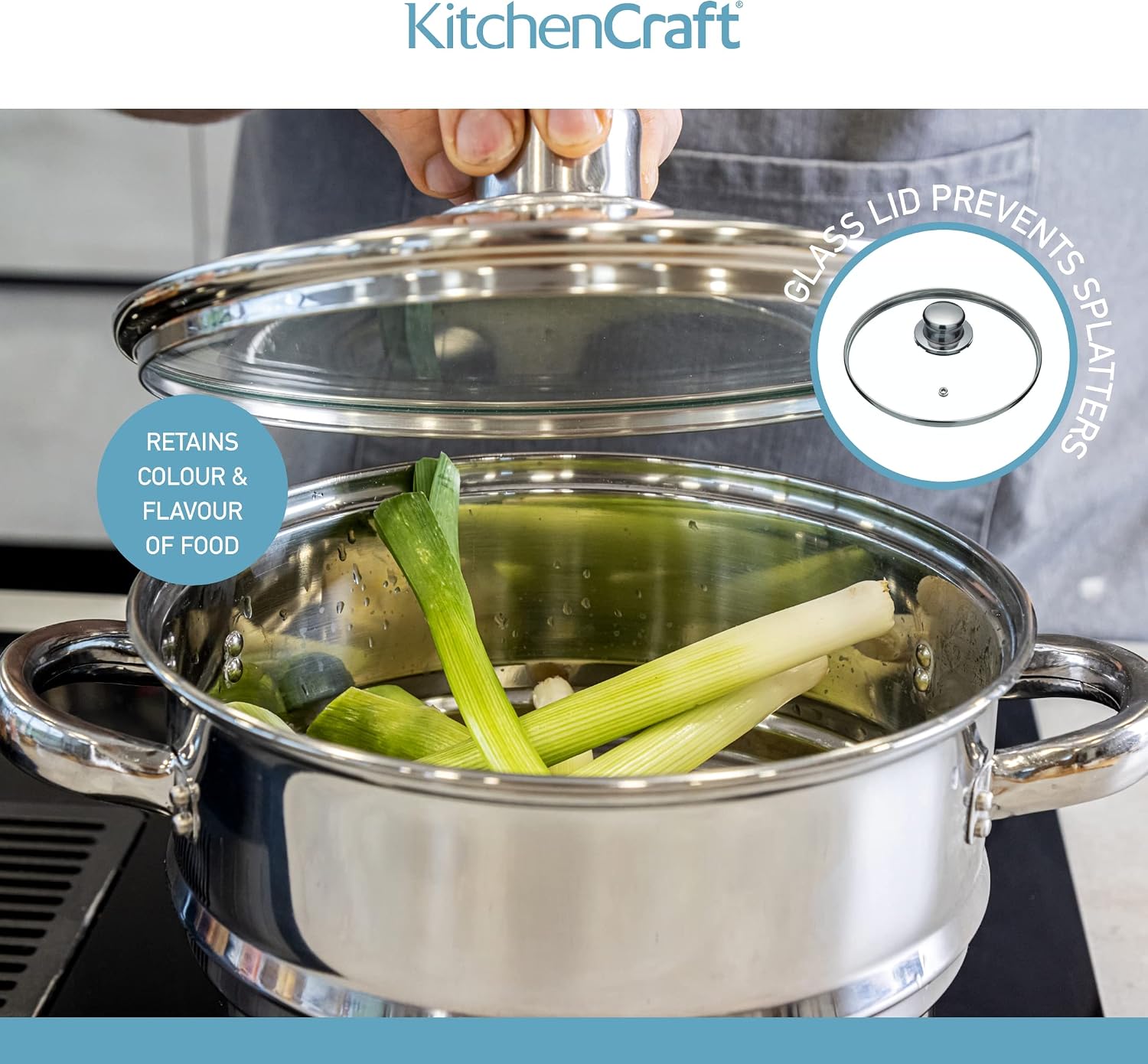 Detalle 1 de KitchenCraft universele stoompaninzet met glazen deksel voor pannen van 16, 18 en 20 cm