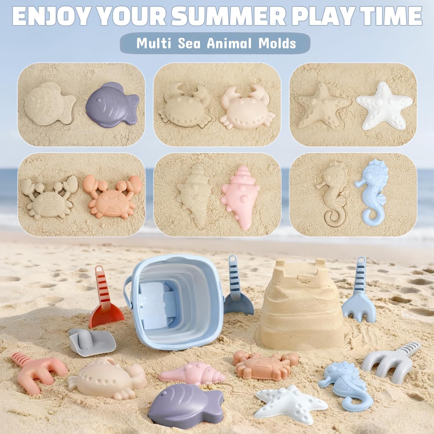Detalle 2 de Dreamon Beach Sand Toys for Kids 18pcs – Collapsible Bucket & Shovels with Animal Moulds