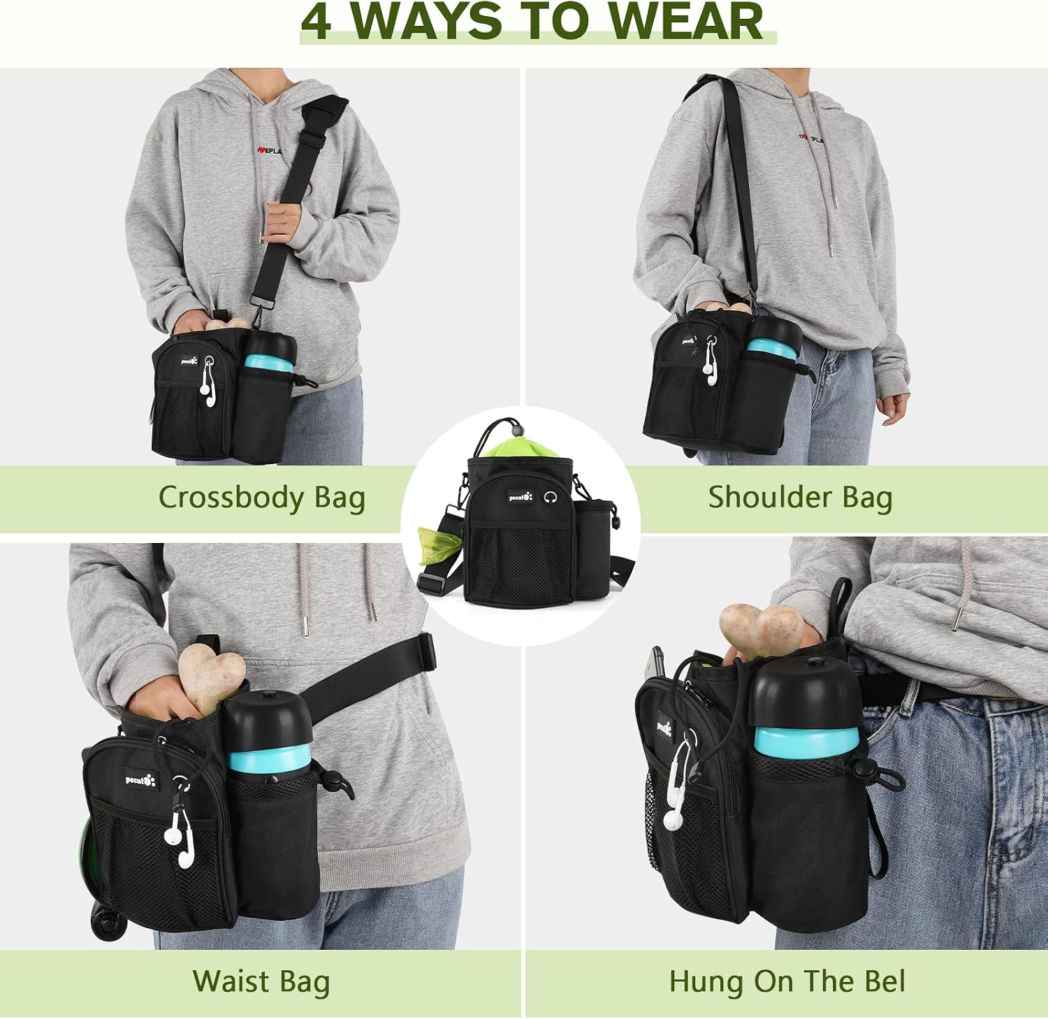 Thumbnail 6 de Pecute XL Dog Walking Bag with Water Bottle Holder (Black) – 22×21×16CM, 5 Pockets, Waterproof