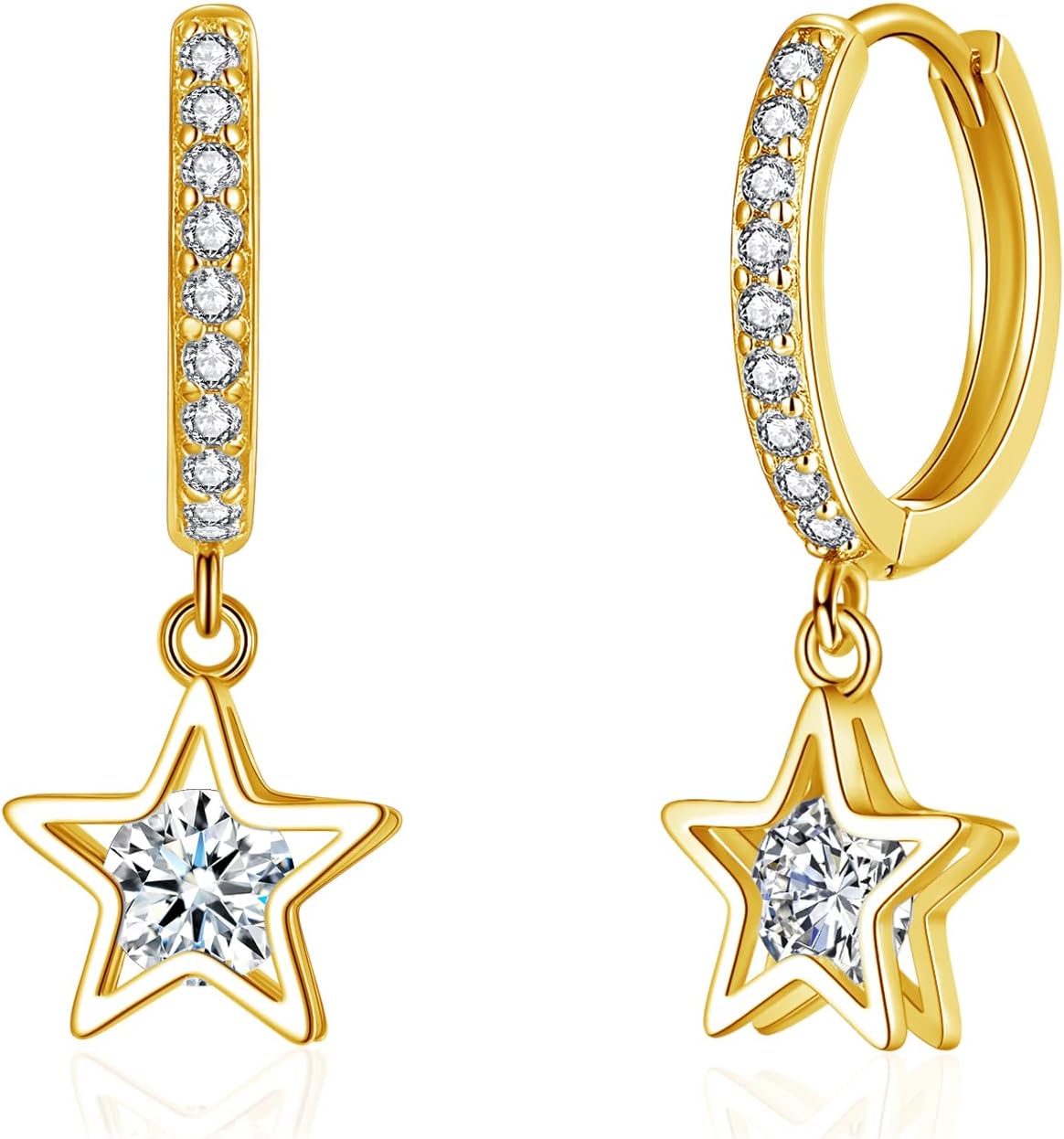 Detalle de Kamise 925 Sterling Silver Hoop Earrings with Star Pendant – Hypoallergenic Dangle Huggies