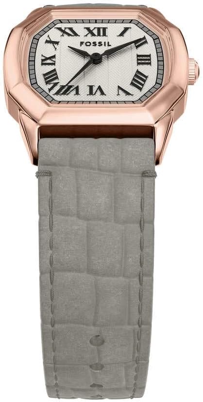 Detalle de Fossil Harlow Damenuhr – Roségold, Quadrat-Design, Quarz-Dreizeigerwerk, graues Lederarmband