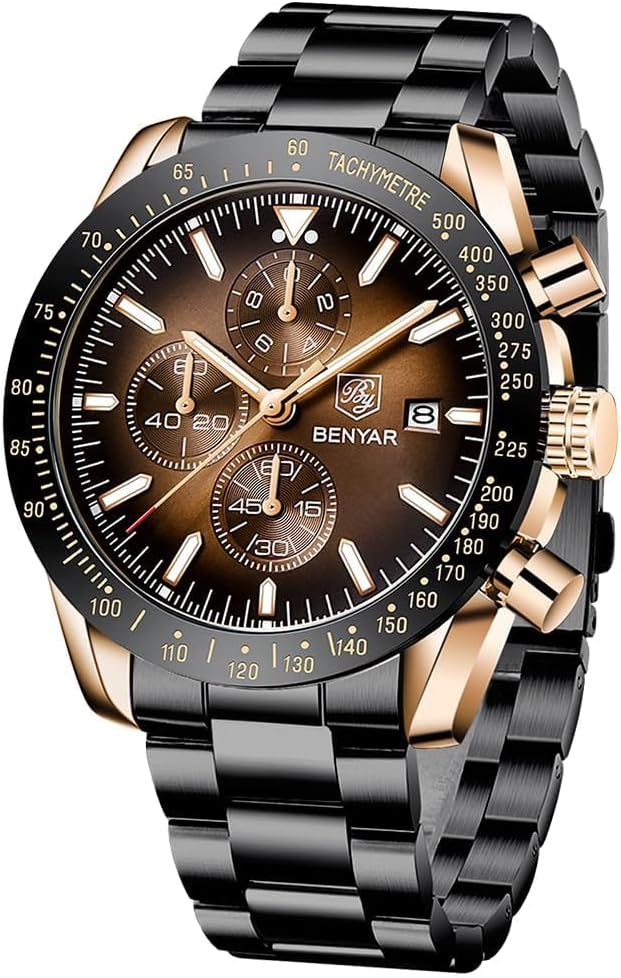 Detalle de Benyar Herrenuhr mit Lederband 45 mm Chronograph