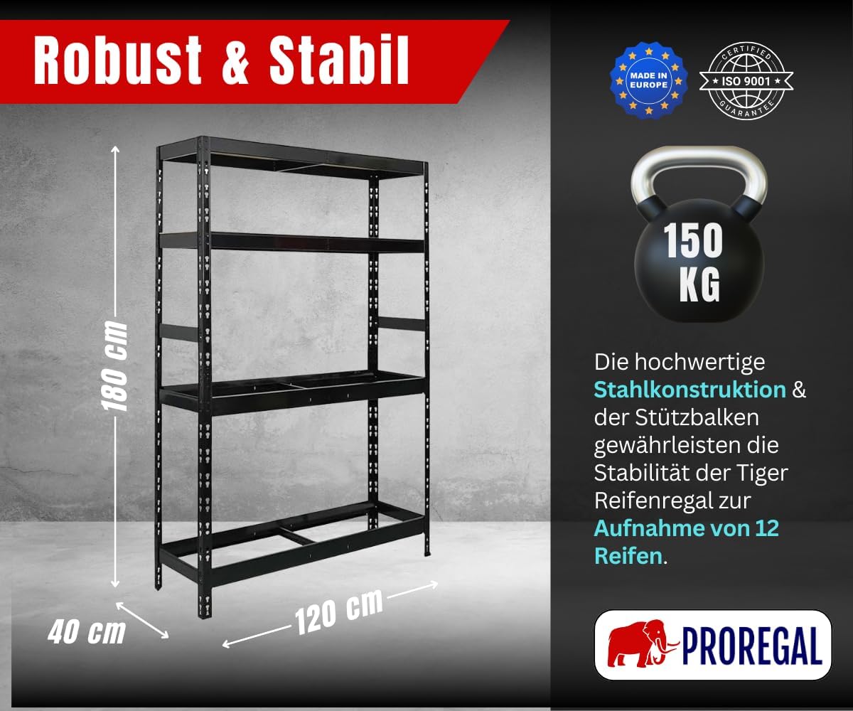Thumbnail 1 de PROREGAL Reifenregal Tiger für bis zu 12 Reifen (180 x 120 x 40 cm) – Werkstatt- & Lagerregal in Schwarz