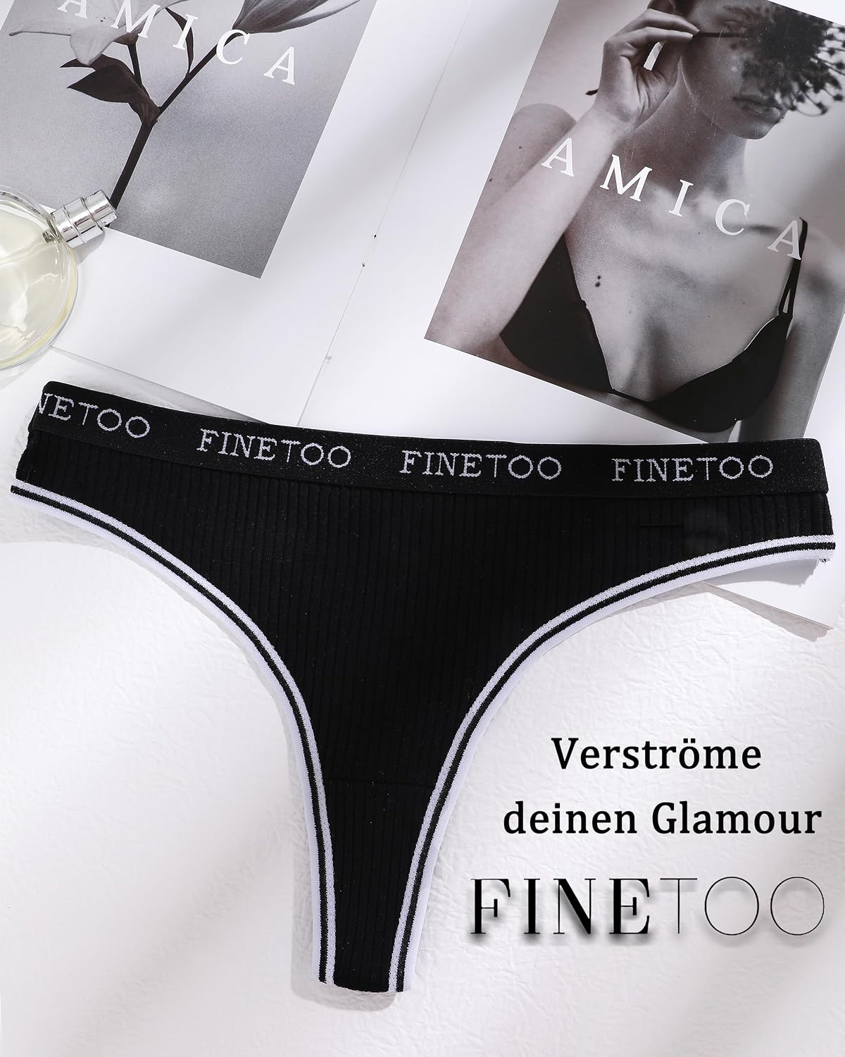 Detalle de FINETOO 5er Pack String Tanga für Damen aus Baumwolle mit niedrigem Bund und bunten Streifen (Sportbund)