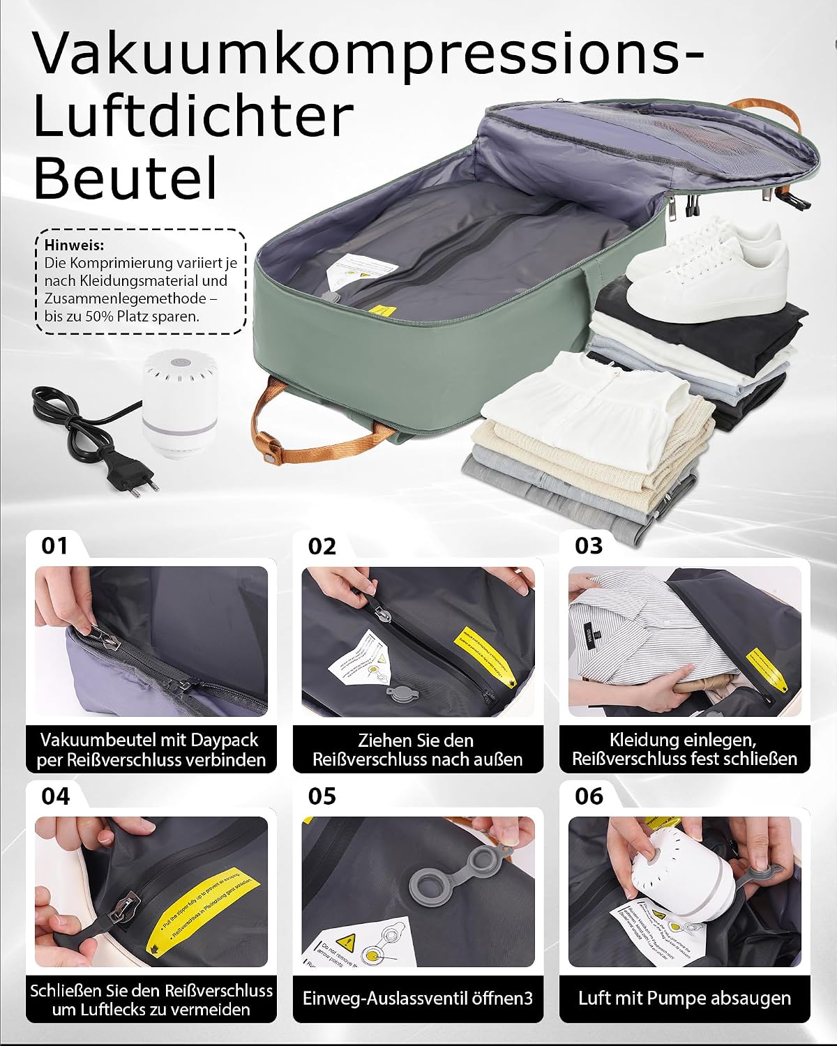 Detalle de COOLIFE Vacuum Rucksack Handgepäck 40x30x20 cm – kompakt, vakuumierbar und TSA-freundlich