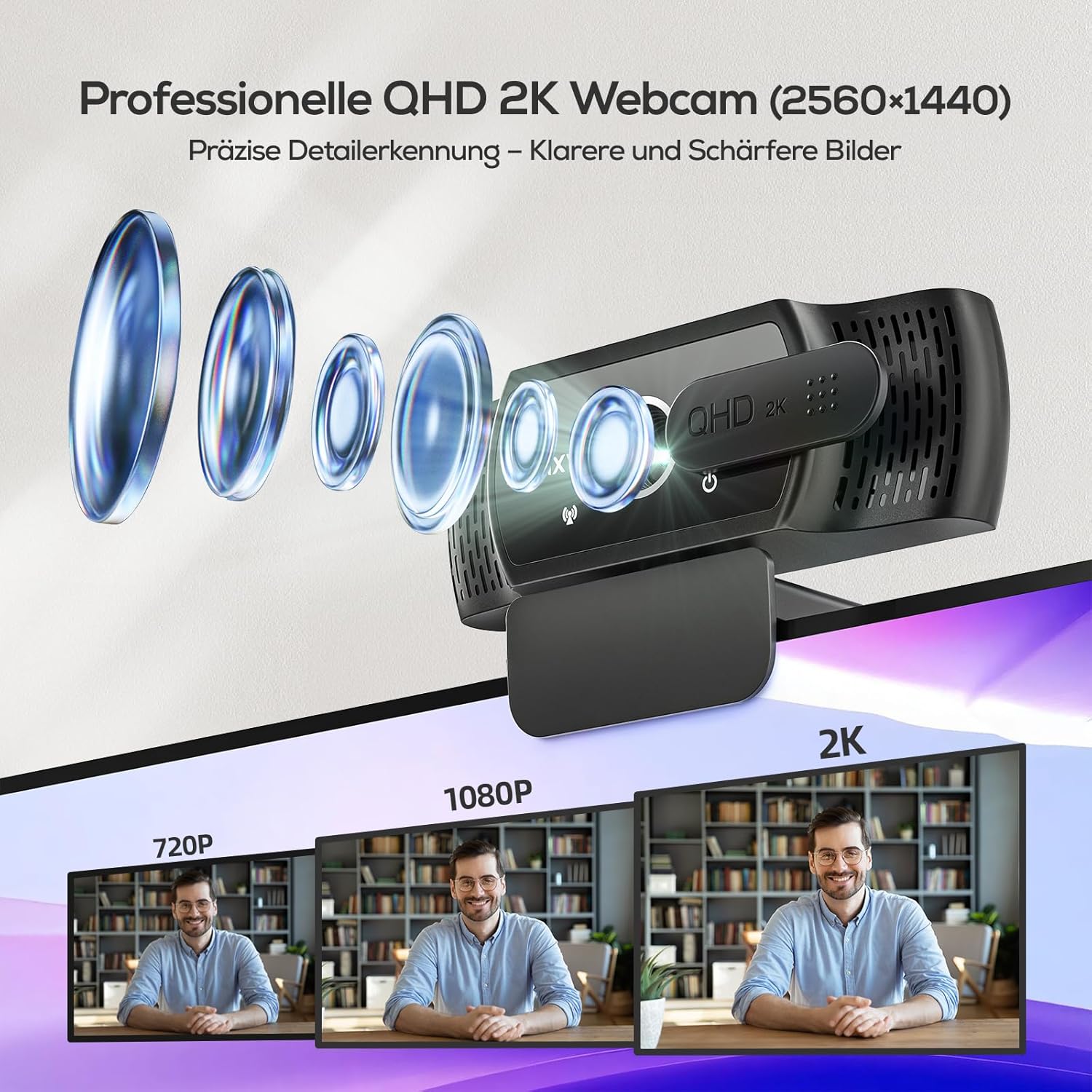 Thumbnail 1 de Nulaxy QHD 2K Webcam mit automatischer Lichtkorrektur, 2 Mikrofonen & 92° Ultra-Weitwinkel (C900-2K)