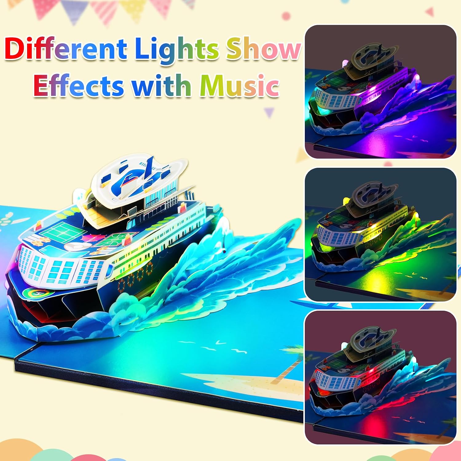 Detalle de GREETING ART Pop Up Karte Kreuzfahrtschiff – Geburtstagskarte mit Musik und Licht (Happy Birthday)