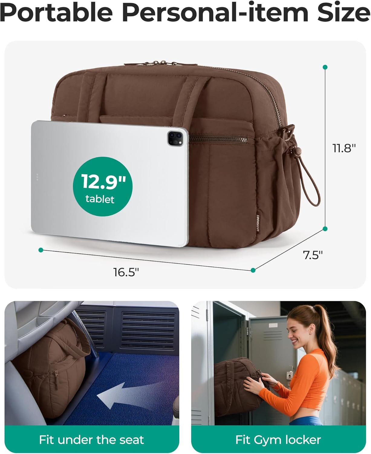 Detalle de BAGSMART Women’s Gym Bag 24L Weekend Travel Bag with Wet Pocket (Coffee Brown) — underseat cabin bag for EasyJet & trolley sleeve