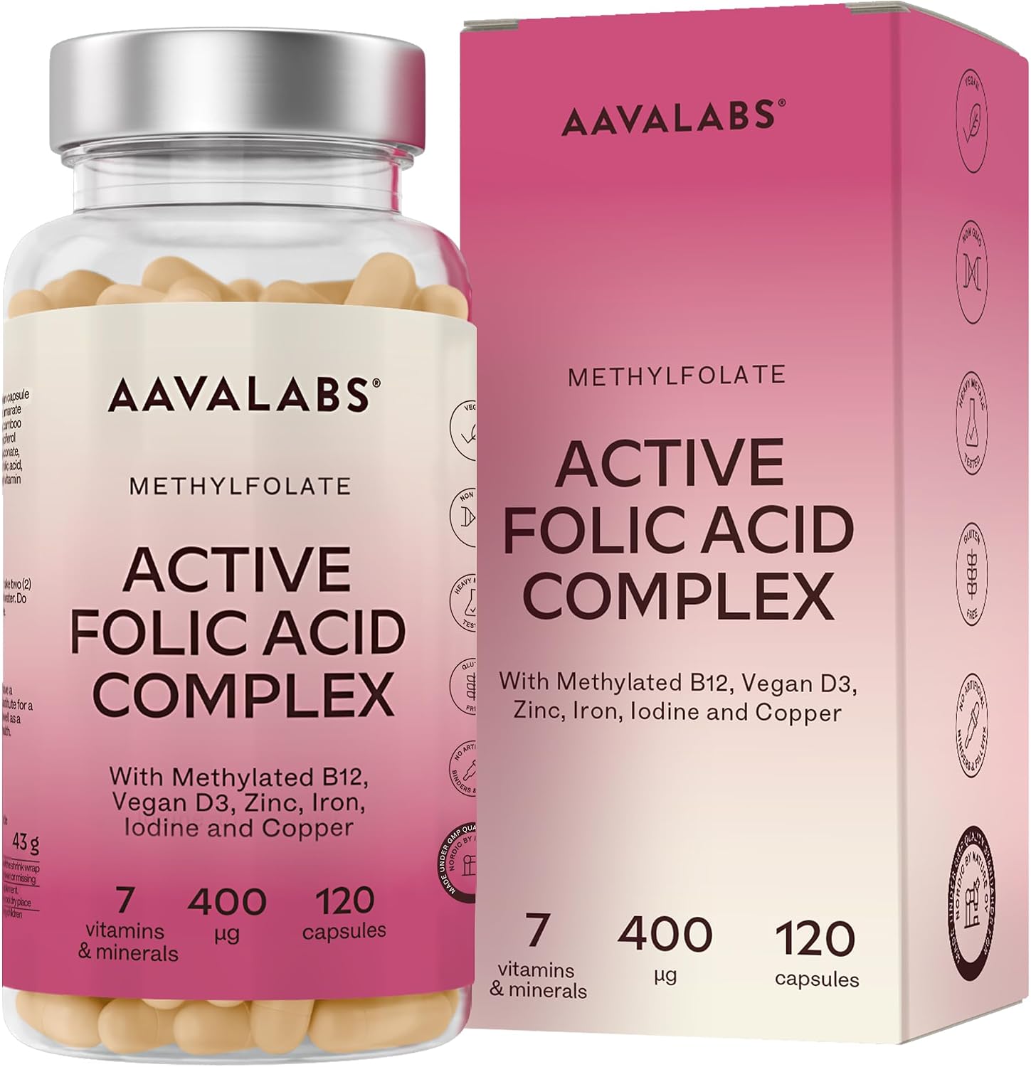 Detalle de AAVALABS zwangerschapssupplement met 400 µg methylfolaat en vegan vitamine D3