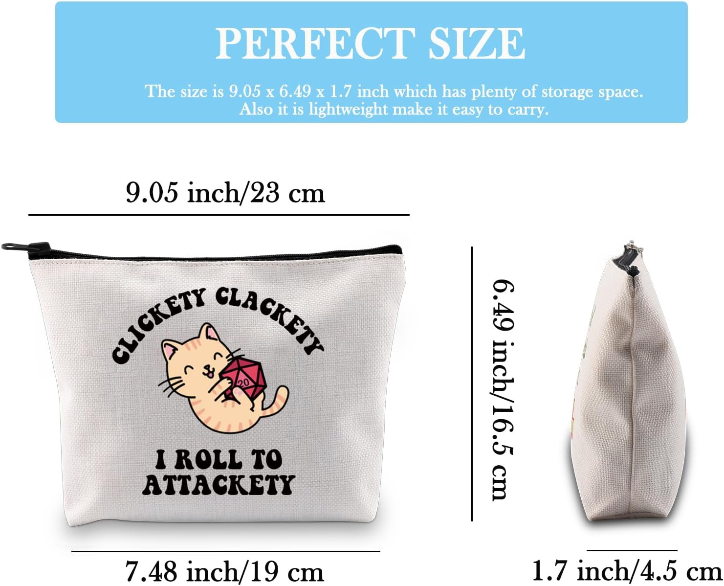 Detalle de Attackety Bag EU: Cat Throwing Dice Bag of Holding Zipper Pouch – Durable Canvas Storage for RPG Gear and Everyday Essentials