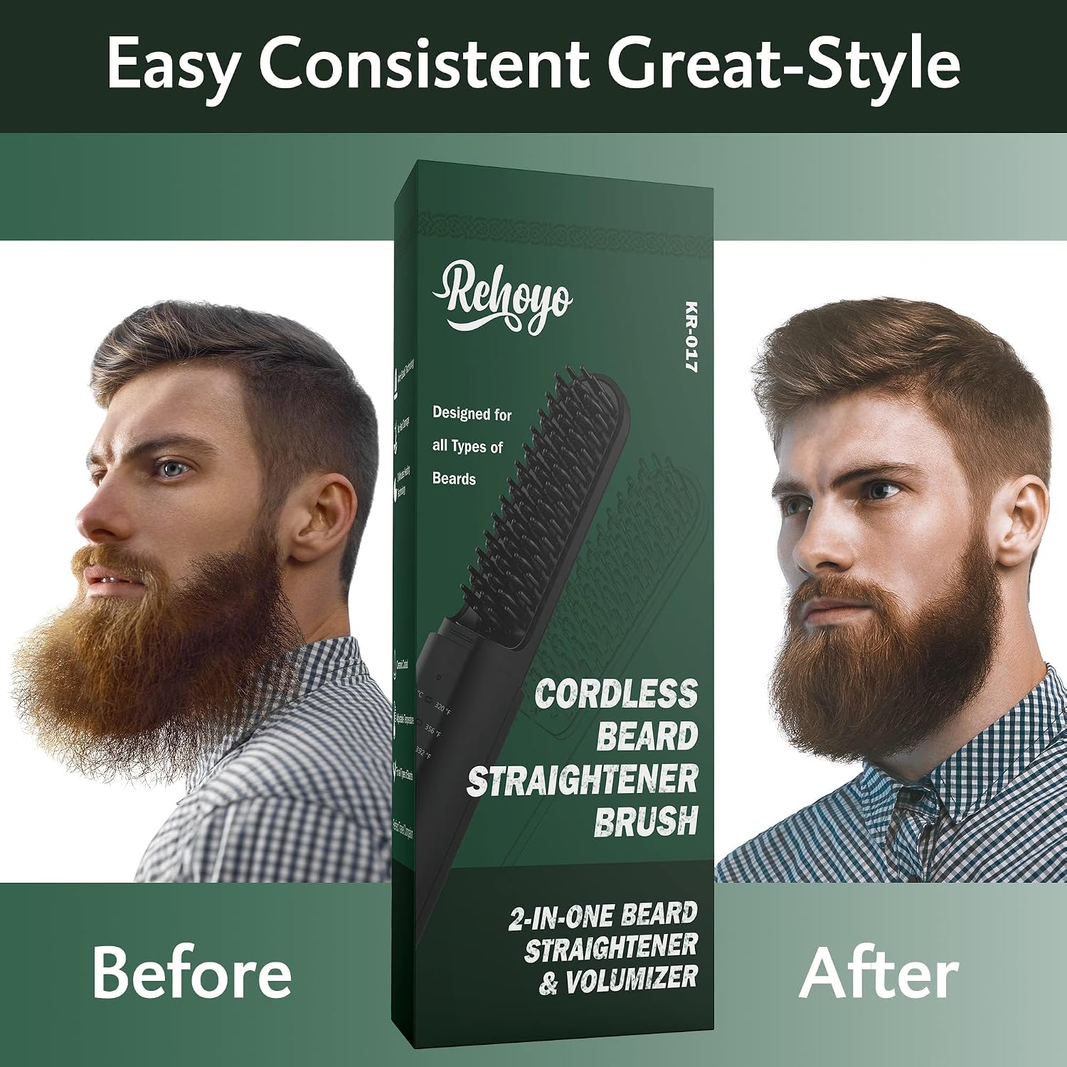 Detalle 1 de REHOYO KR017 Cordless Beard Straightener Brush, USB-C, 3 Heat Settings