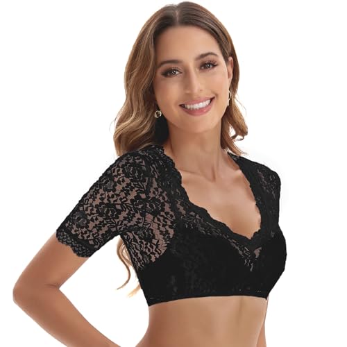 Detalle de Adisno Dirndl Bluse Damen – Spitze, tiefer V-Ausschnitt, Schwarz