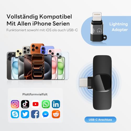 Detalle 2 de Qhot Kabelloses Lavalier Mikrofon für iPhone & Android – DSP-Rauschunterdrückung, 2,4-GHz, USB-C & Lightning