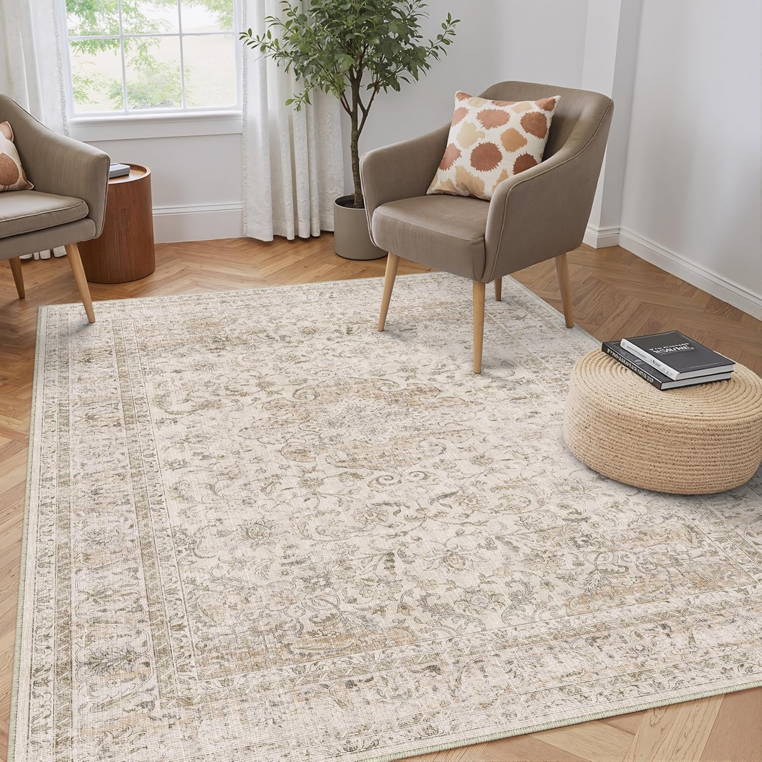 Detalle de HUGEAR Vintage-style Beige Large Area Rug (140x200cm) – non-slip, washable low pile