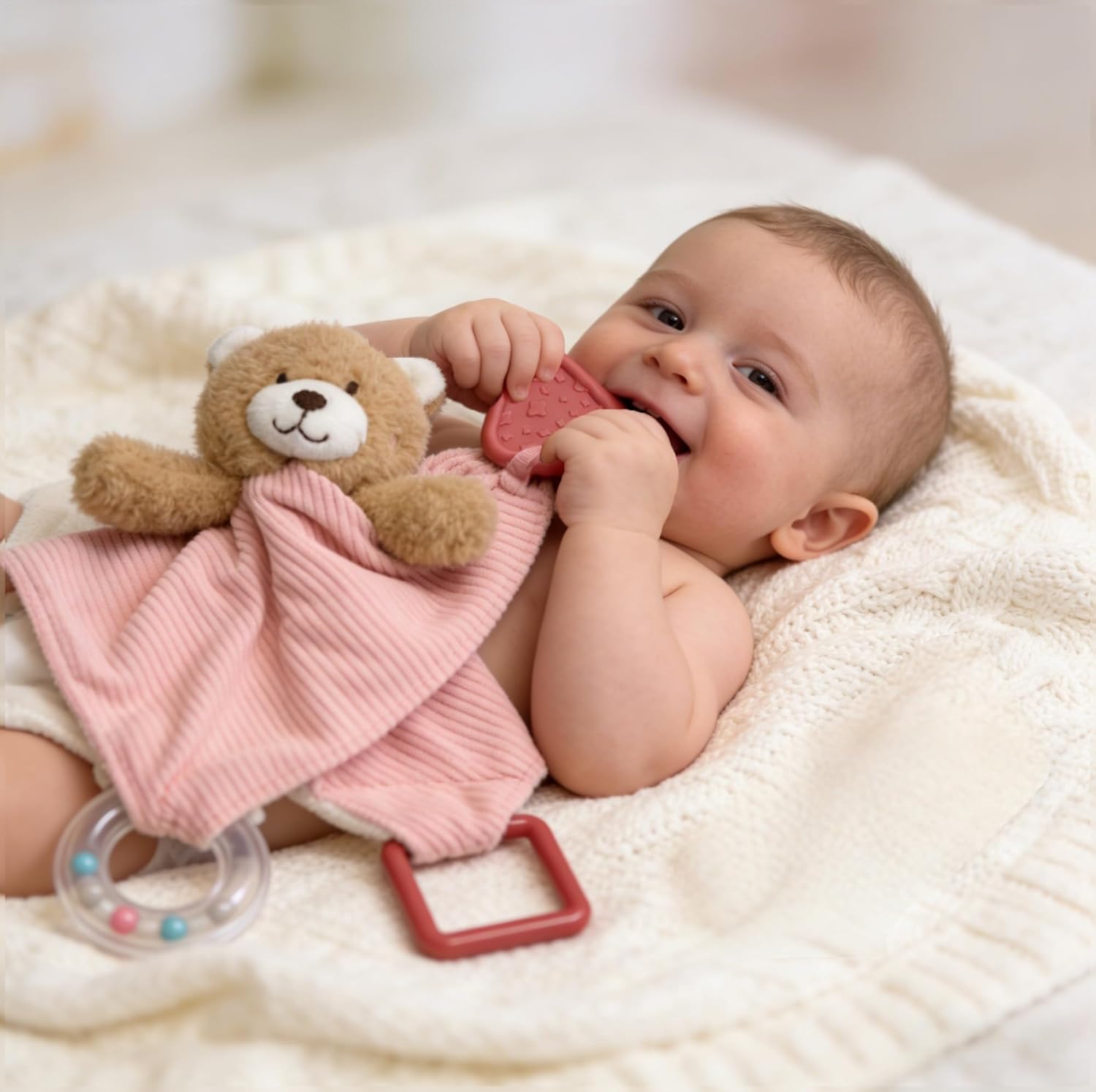 Thumbnail 3 de CREVENT 3-in-1 Baby Lovey Blanket with Teether & Rattle – Pink Bear