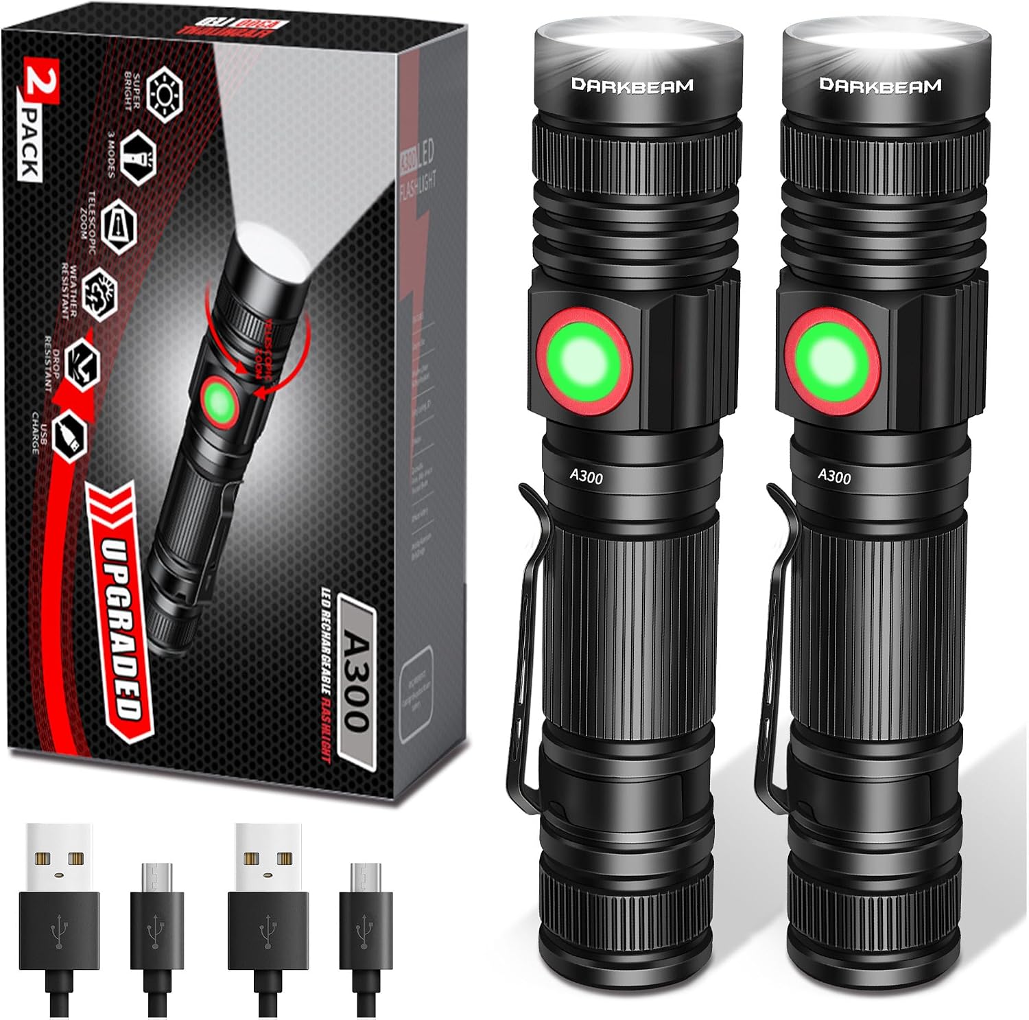 DARKBEAM Torcia LED USB ricaricabile 2000 lm – set di 2 torce compatte, impermeabili e zoomabili