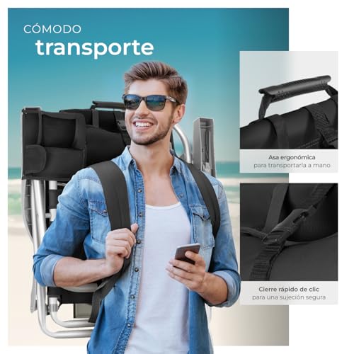 Detalle de tectake Silla Playa Plegable con Respaldo Ajustable - aluminio ligero, mochila integrada (negro)