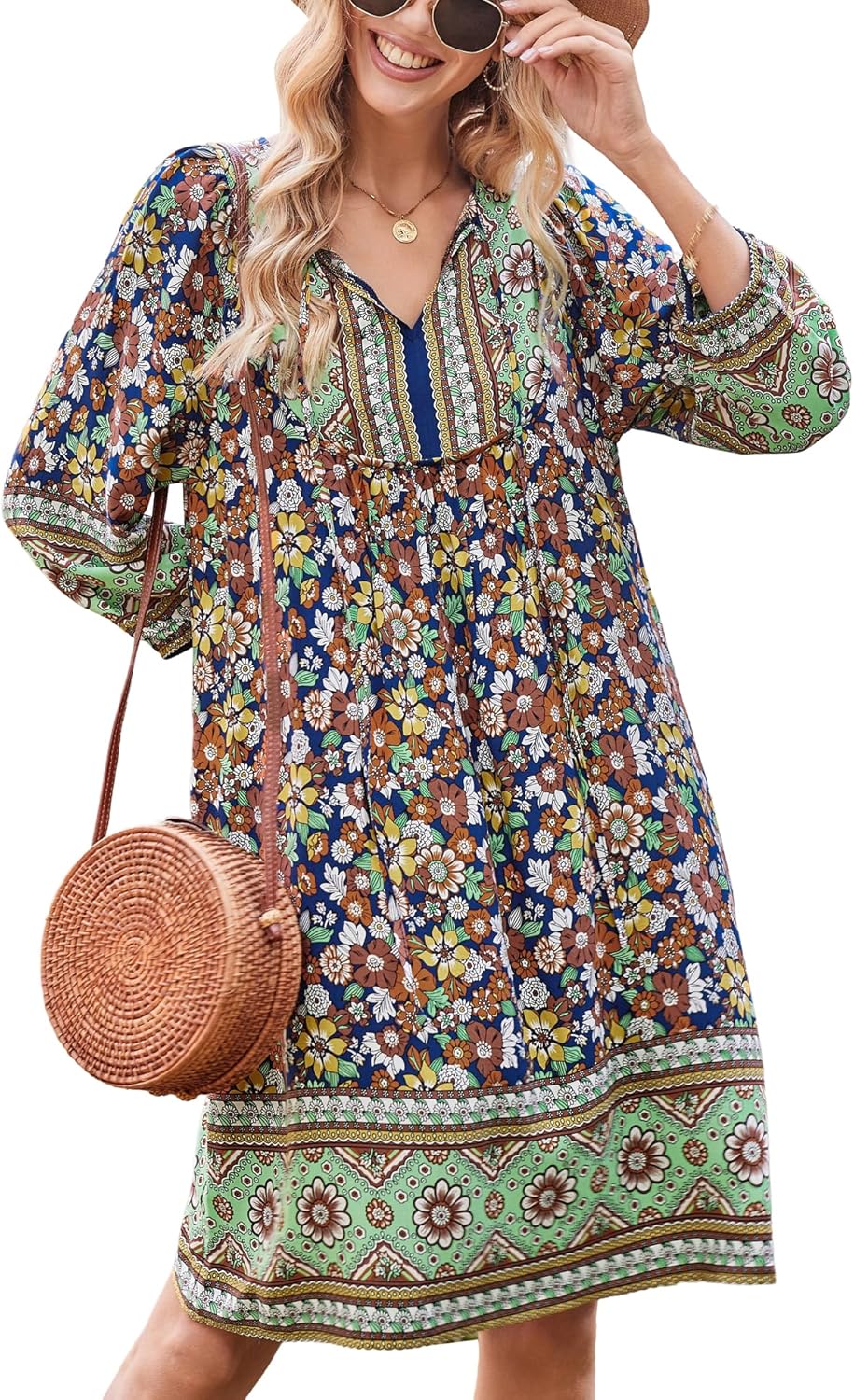 Thumbnail 6 de Bluetime Women Casual Summer Dress Boho V Neck 3/4 Sleeve Babydoll Floral Print Flowy Beach Dress
