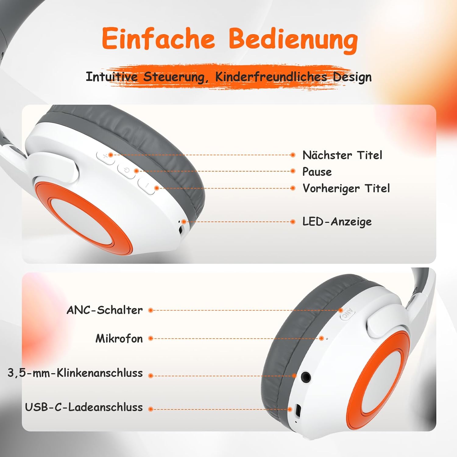 Thumbnail 6 de TONOSHARK Kinder Bluetooth Kopfhörer mit Noise Cancelling – 60 h Spielzeit, leicht über dem Ohr, inkl. Silikon-Tasche (Weiß)