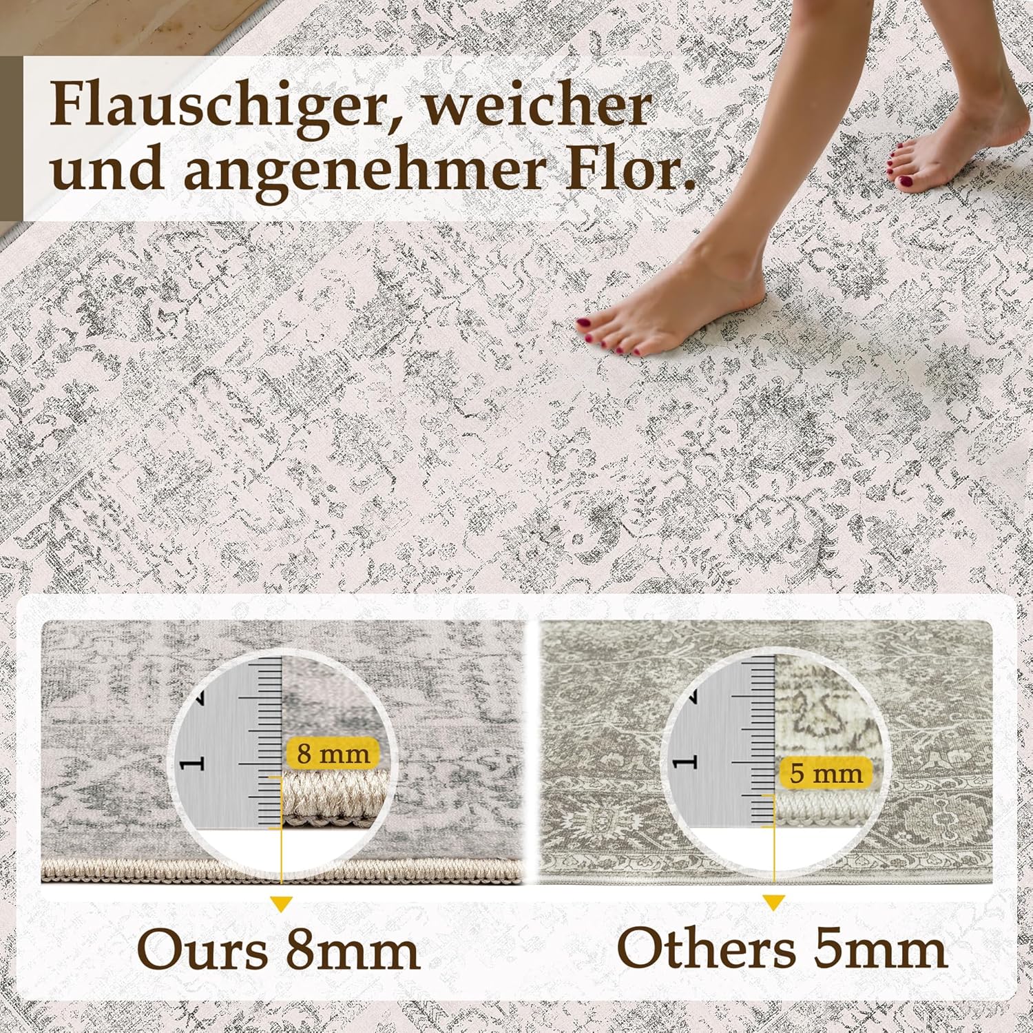 Detalle de HUGEAR Vintage grauer waschbarer Bereichsteppich (60x90 cm) für Eingangsbereich & Bad