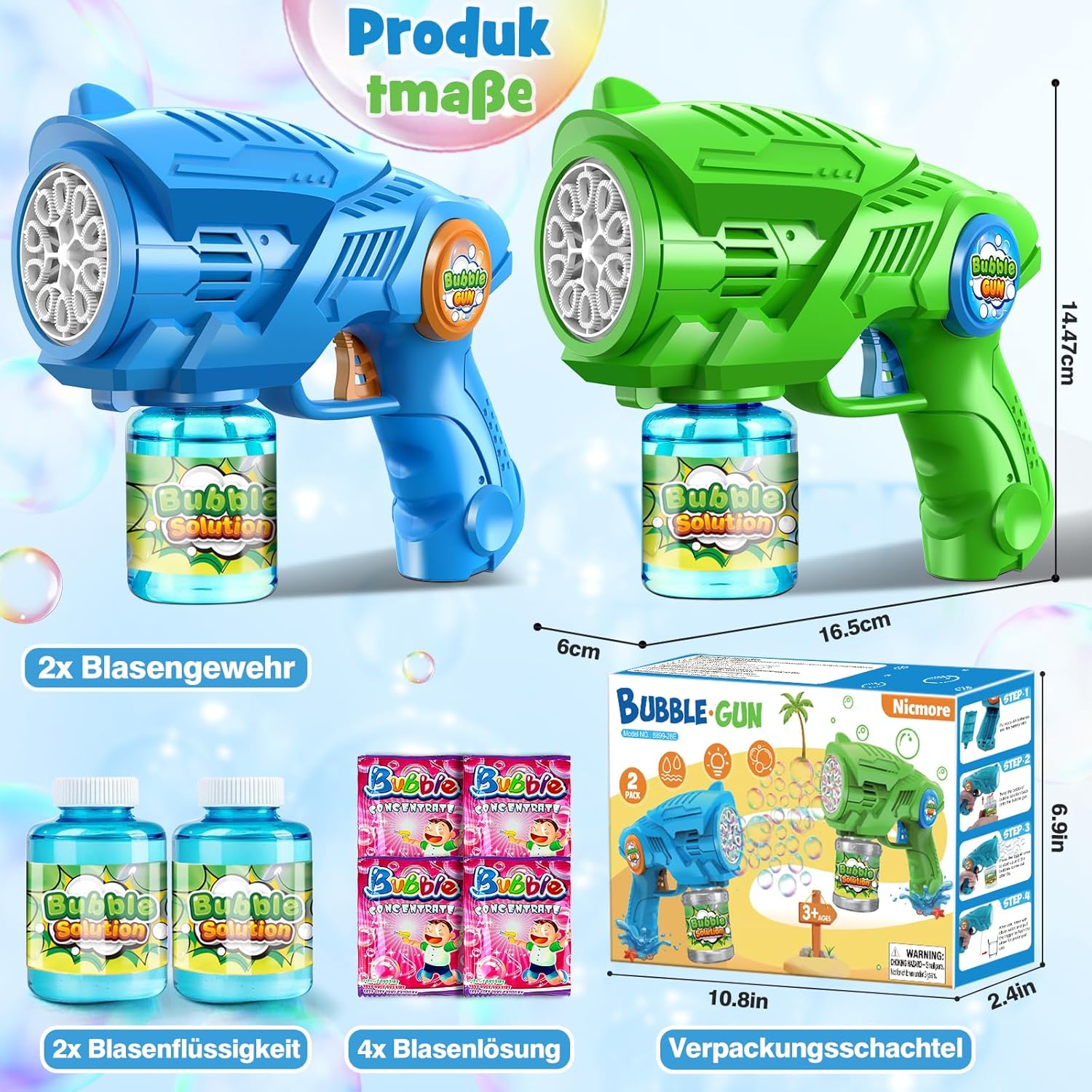 Detalle de Seifenblasenpistole & Seifenblasenmaschine 2er-Set (elektrisch, LED, automatischer Betrieb) für Kinder