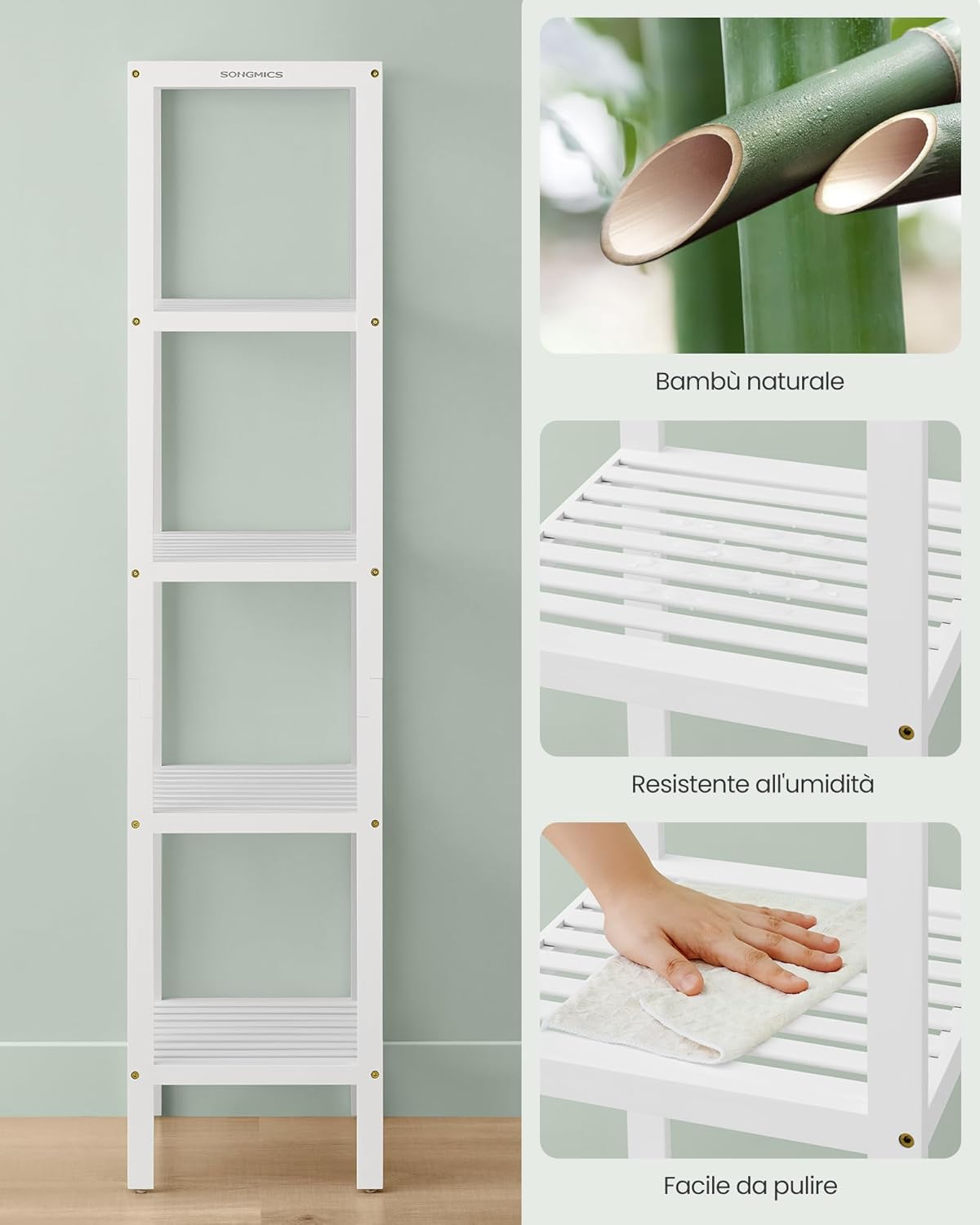 Thumbnail 4 de SONGMICS Scaffale da bagno in bambù bianco nuvola BCB055W01, stretto ad angolo con 5 ripiani