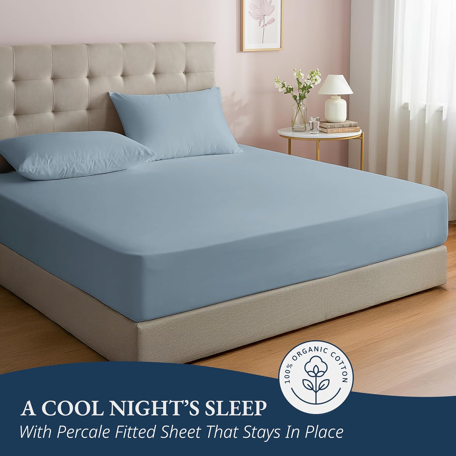 Thumbnail 4 de Lane Linen 100% Organic Cotton Fitted Sheet Double – with 2 Pillowcases, French Blue