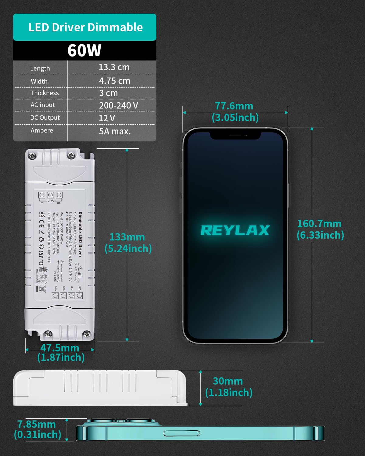 Detalle de REYLAX 12V Dimmable Triac LED Driver (60W, 5A) — High PF, 240V to 12V Transformer
