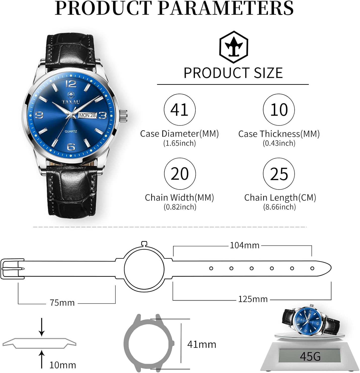 Detalle de Taxau Herren Armbanduhr Chronograph – Edelstahl, Quarz, wasserdicht und leuchtend